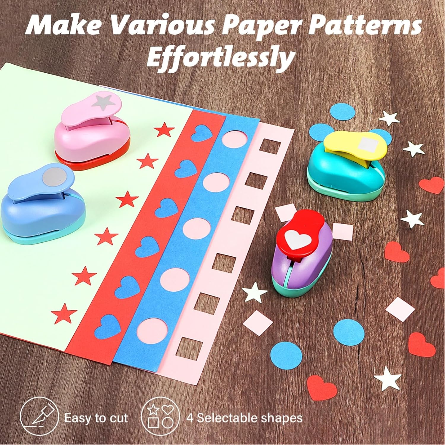 4 Pack Shape Paper Punchers For Scrapbooking, Card Craft Tools For Kids, Heart Circle Square Star Cutters, Easy Use Craft Supplies For Paper Art