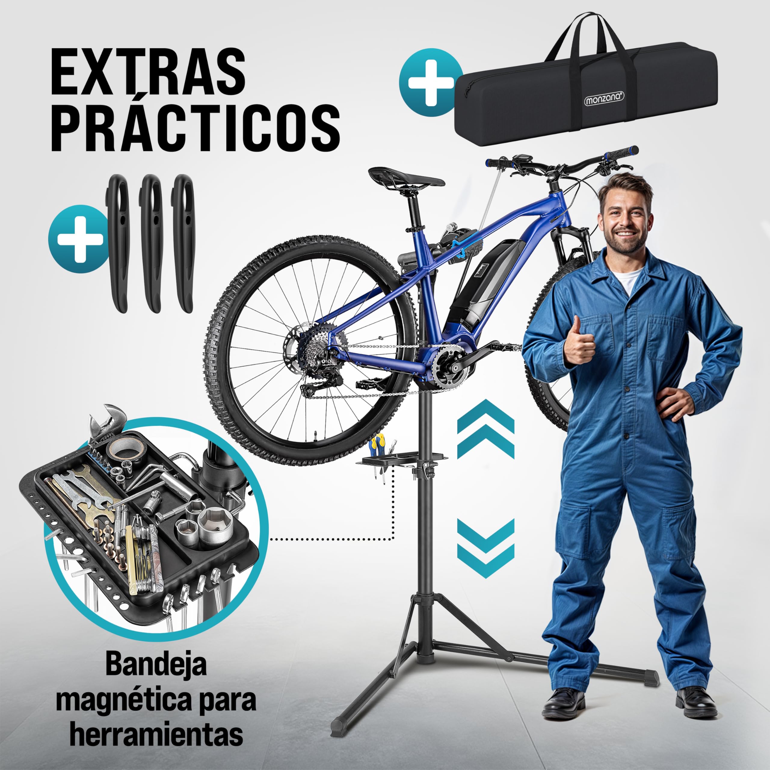 MONZANA® Caballete para Bicicleta Eléctrica Soporte Reparación Montaje Plegable Giratorio Altura Ajustable Barra Sujeción Manillar Bandeja para Herramientas Acero Carga Máxima 50 Kg