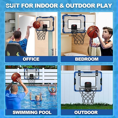 Miniatura 7 de Aro de baloncesto para interiores para niños de 5, 6, 7, 8, 9 y 10 años, mini aro de baloncesto con marcador electrónico sobre la puerta, regalo de