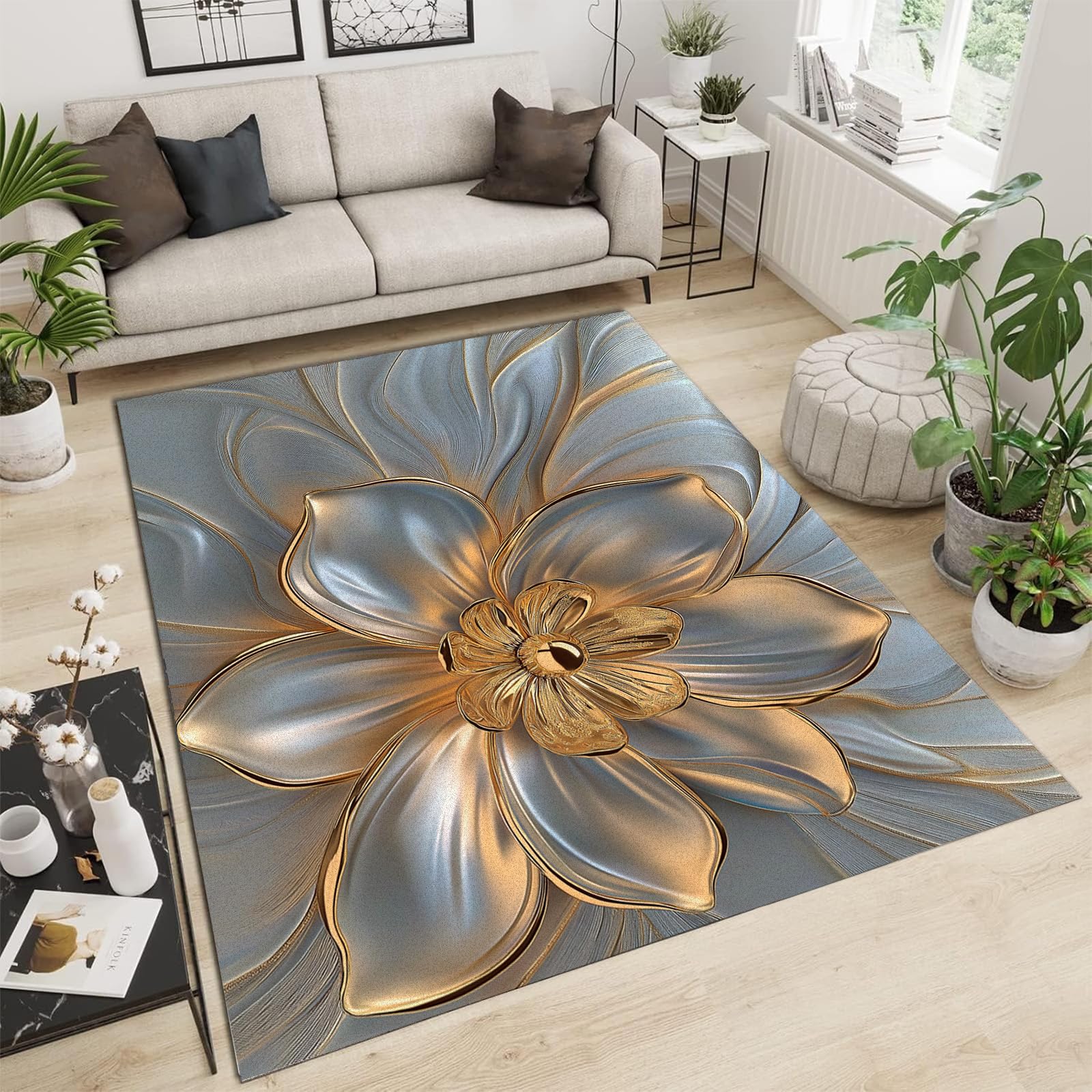 Tapis de salon fleurs aux pétales dorés 140x200 pour un intérieur cocooning