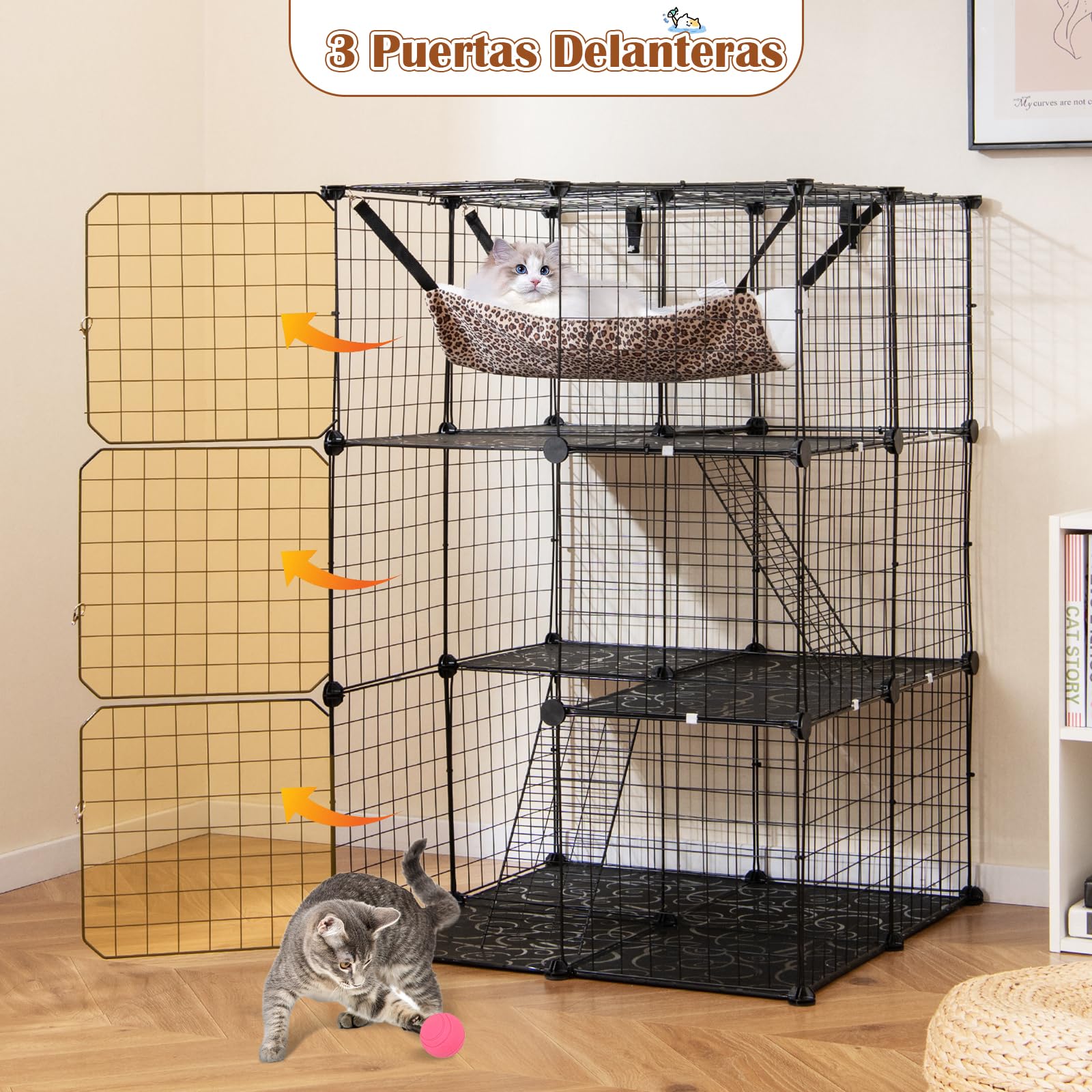 GYMAX Jaula Interior de 3 Niveles para Gatos, con Hamaca, 2 Escaleras, Panel Desmontable, Alambre Metálico y 3 Puertas Bloqueables, Apta para 1-3 Mascotas