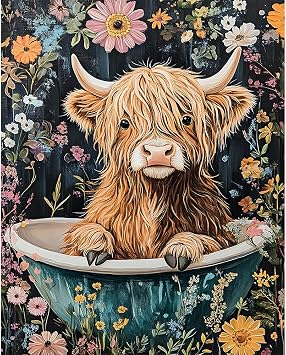 TFIAVSIN Paint by Numbers Kit for Adults, Paint by Numbers Canvas - Highland Cow in Bathtub Surrounded by Flowers, DIY Adult Paint by Number Kits for Beginner, Arts and Crafts for Adults, 16x20 Inch