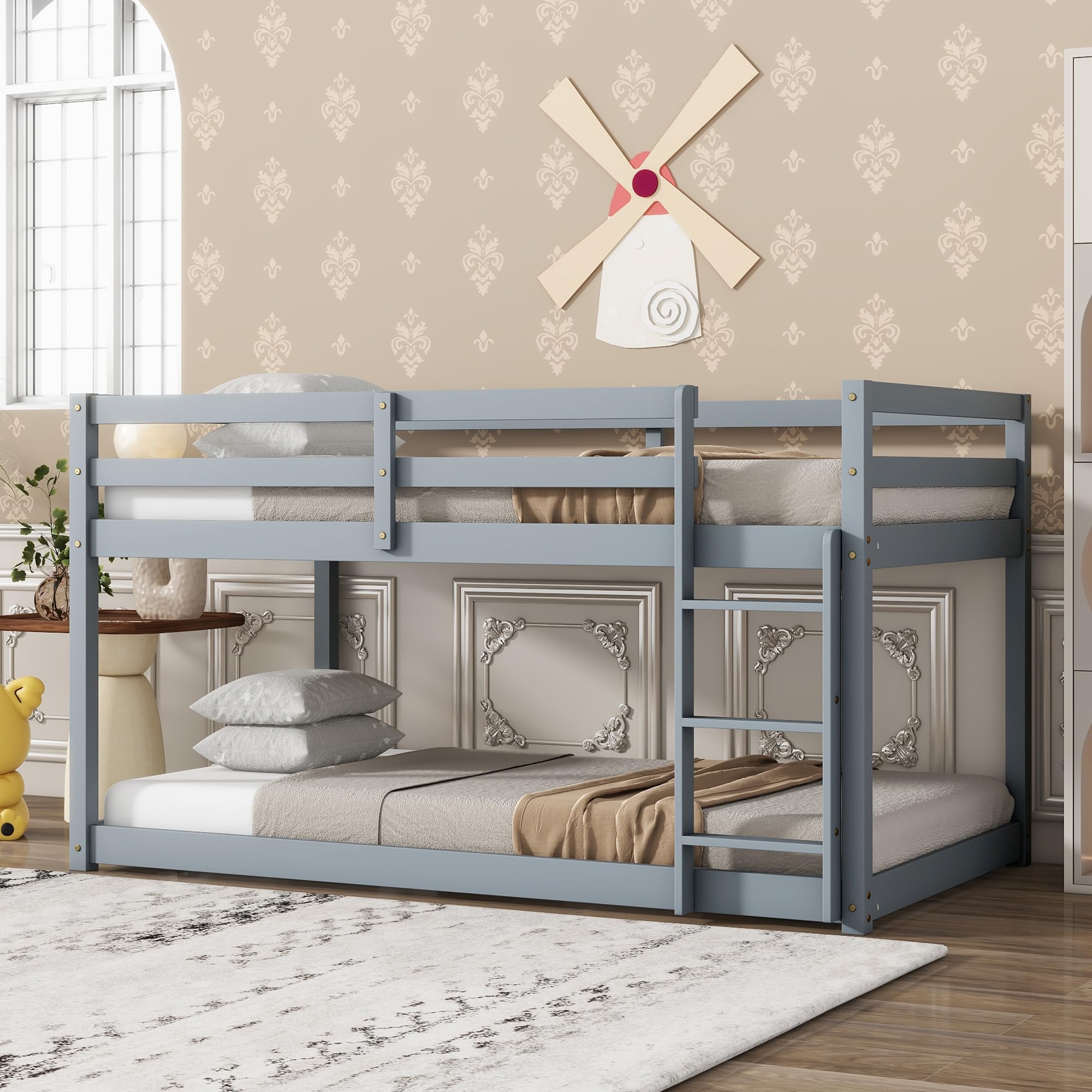 Majnesvon Twin Over Twin Floor Low Bunk Bed with Safety Guardrail, Climbing Ladder, Easy to Assemble, Saving Space, Bed Bedroom Storage Guard Rail
