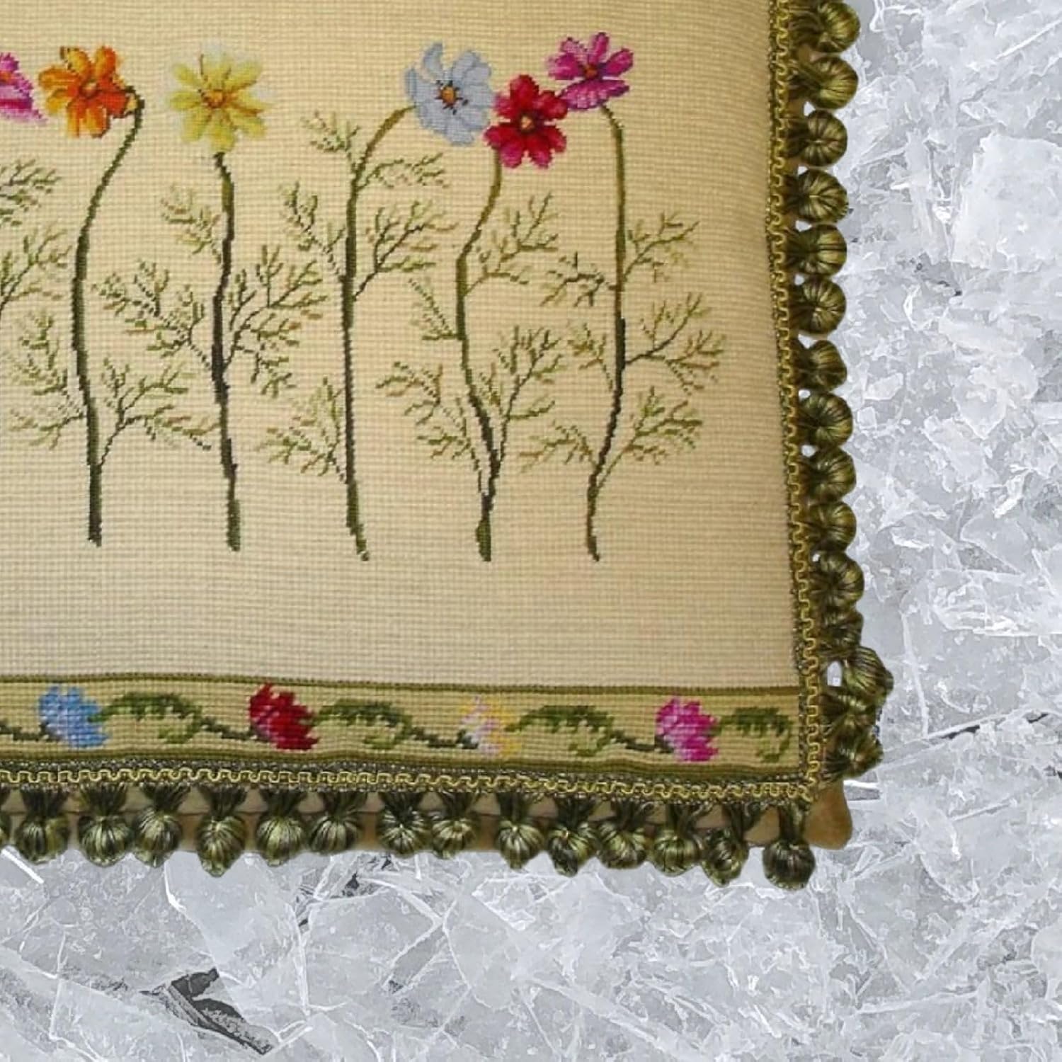 Handmade Wool Needlepoint Throw Pillow Cover 16x20 - Vintage French Country Decorative Cushion Cover for Couch, Bed, and Spring Home Deco