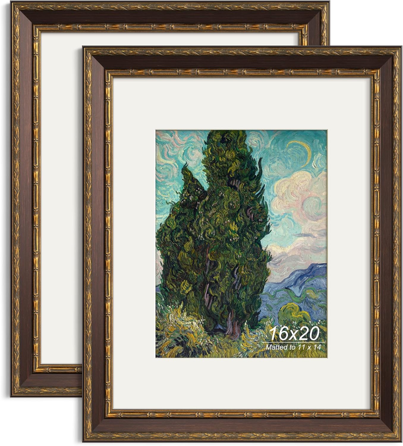 Yaetm 16x20 Vintage Picture Frame, Ornate Antique Bronze 16x20 Frame for Wall, White Mat for 11x14 Photos, 1.5-inch Wide Molding - Portrait or Landscape - Wall Mount for Home (Brown/Gold, 2 Pack)