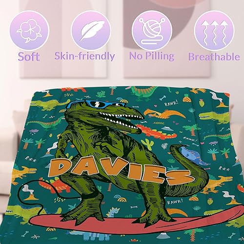 Miniatura 3 de YESCUSTOM Mantas personalizadas con nombre para bebés niños y niñas, manta de dinosaurio verde para niños pequeños, manta de forro polar suave para