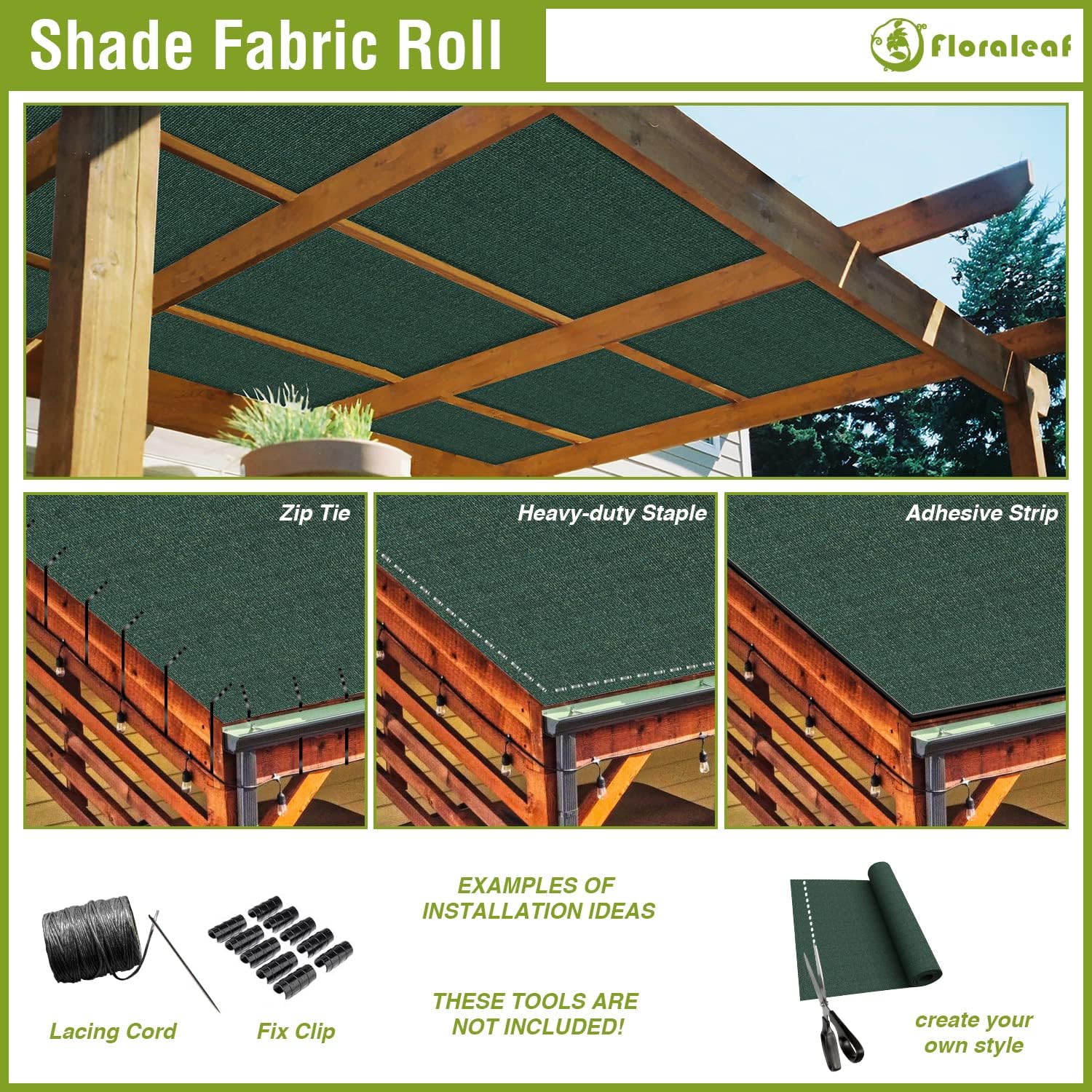 06' × 50' Sun Shade Cloth Outdoor 95% UV Block Sunblock Shade Cover Fabric Roll Privacy Screen Fence for Pergola, Carport, Patio, Deck, Awning, Garden, Yard, Balcony, Backyard, Dark Green
