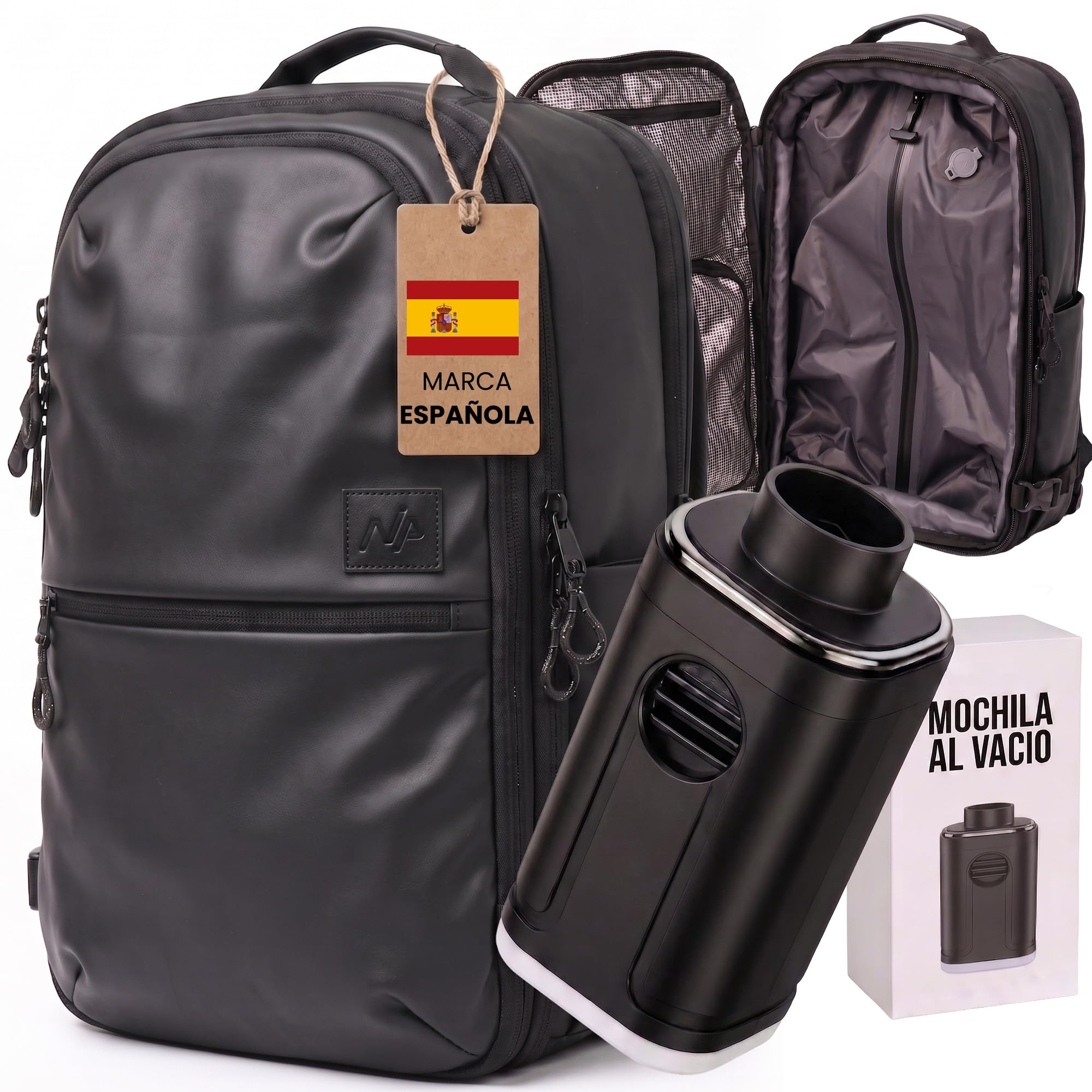 Mochila al Vacio – Mochilas de Viaje para Avion con Apertura Tipo Maleta, Compresión al Vacío, Puerto USB, Candado TSA y Diseño Compatible con Cabina (Negro)