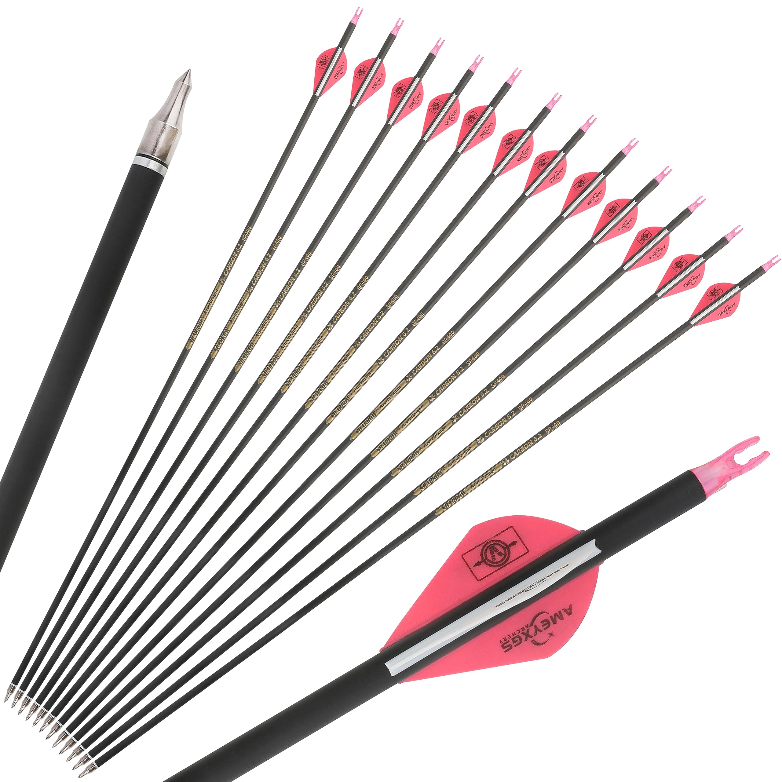FQH 32" Archery Pure Carbon Arrows 300 350 400 500 600 Spine Hunting Arrows for Recurve Compound Bow Outdoor Hunting Target Shooting Archery Training (6/12pcs) (12 pcs, Pink, 500 spine)