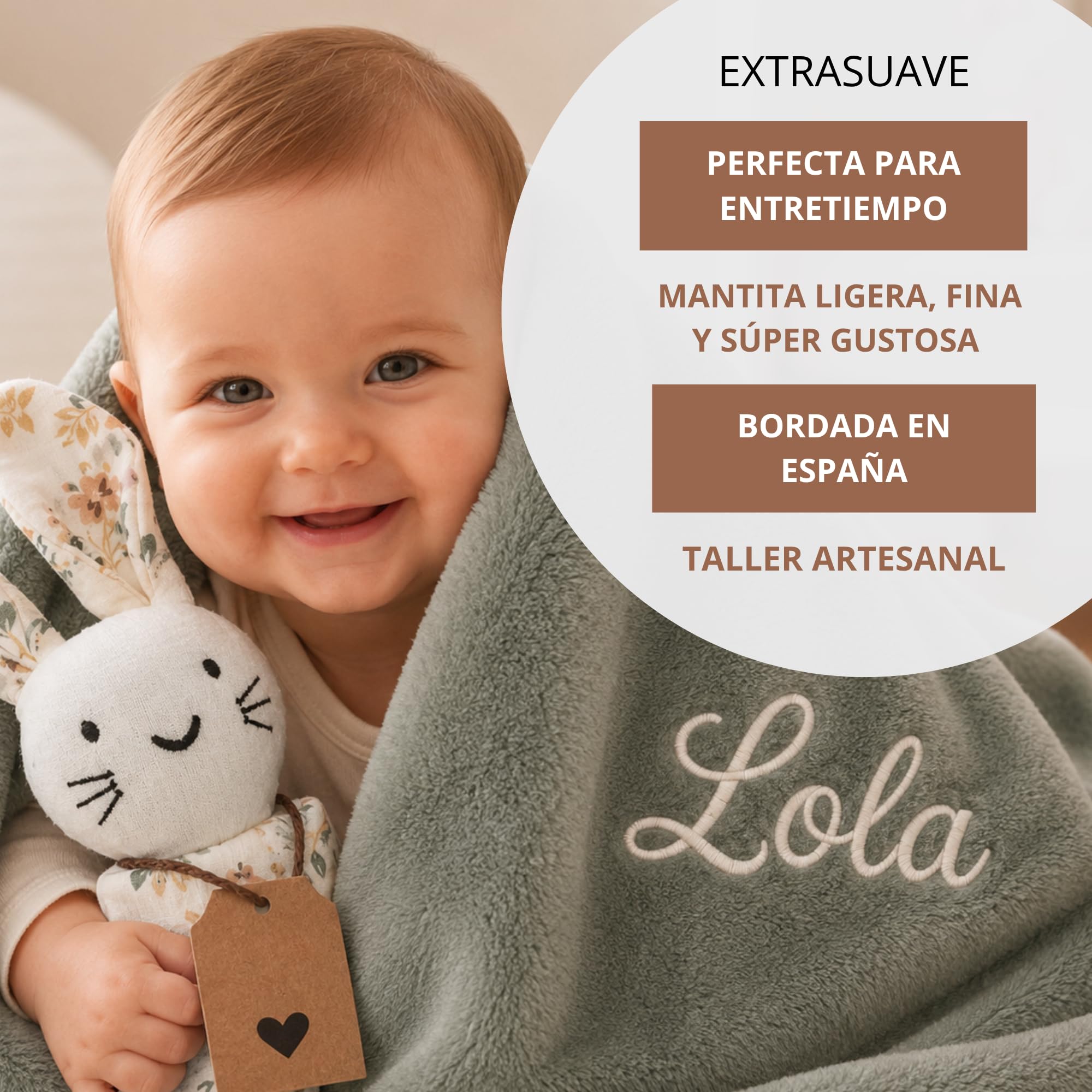 Manta Bebé Personalizada Nombre Bordado + Dou-Dou 100% Algodón - Fina y Ligera para Verano. Regalo Recién Nacido Niño Niña - Manta Suave y Peluche - Regalo Padres y Mamás Primerizas (Verde) — view 2