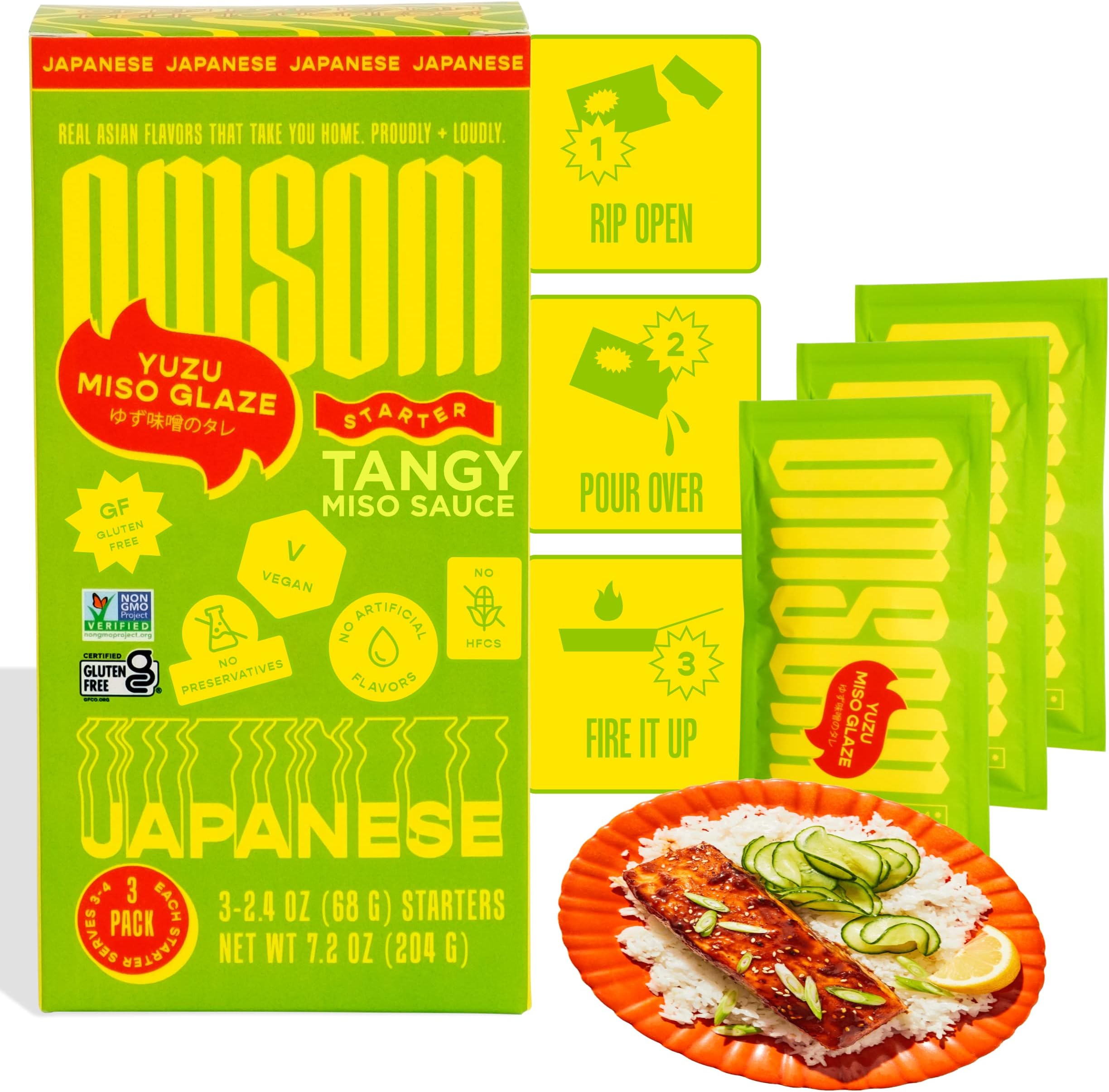 Japanese Yuzu Miso Glaze by Omsom, All-In-One Asian Sauce Packets, Tangy Umami Stir-Fry Sauce, Vegan, Gluten-Free, Non-GMO, No Preservatives, No High Fructose Corn Syrup, 3 packets (2.4 oz per pack)