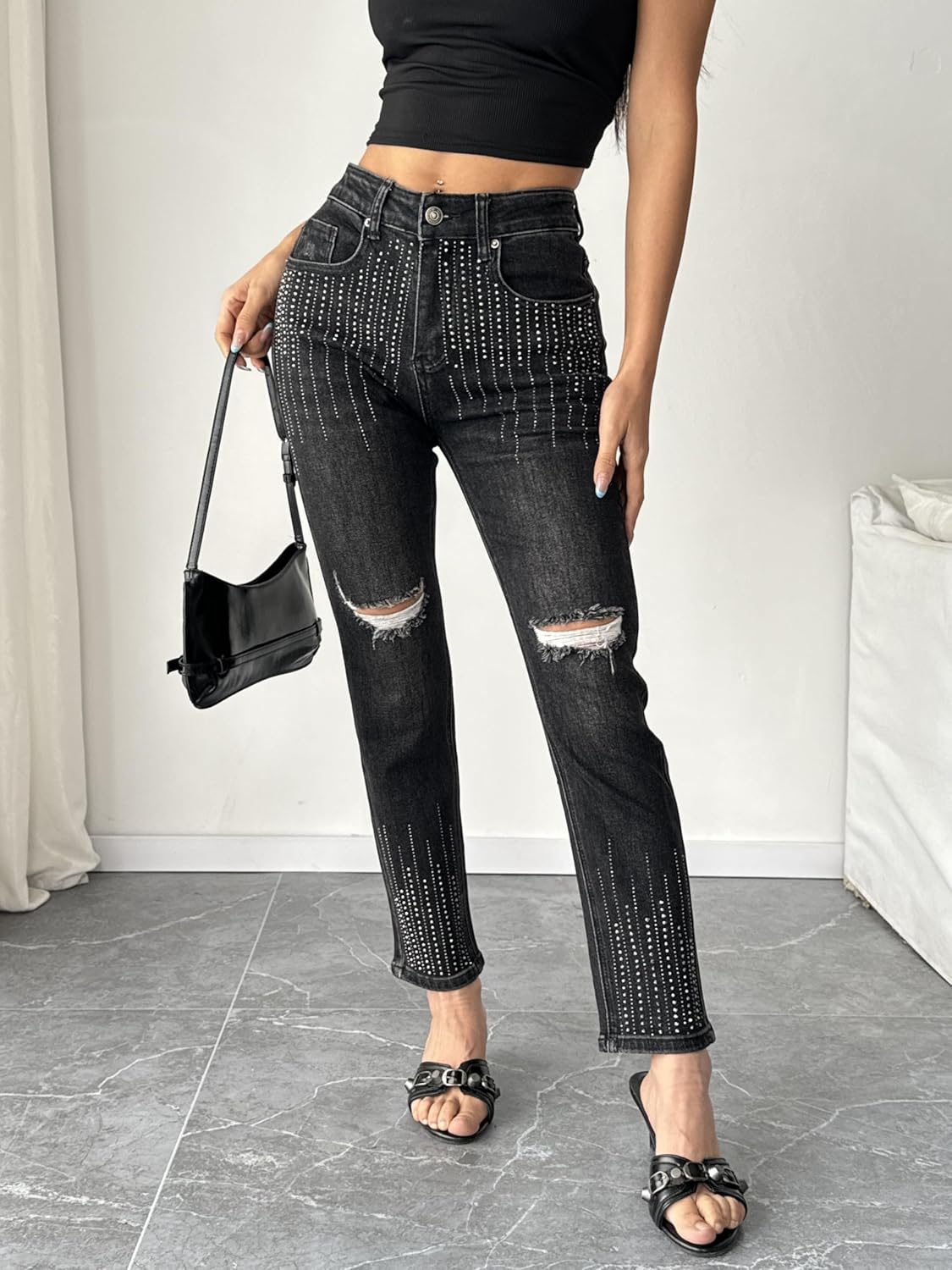 heipeiwa Women's Rhinestone Jeans Straight Denim Pants High Waist Sparkle Shiny Sequin Ripped Distressed Jean - Image 3