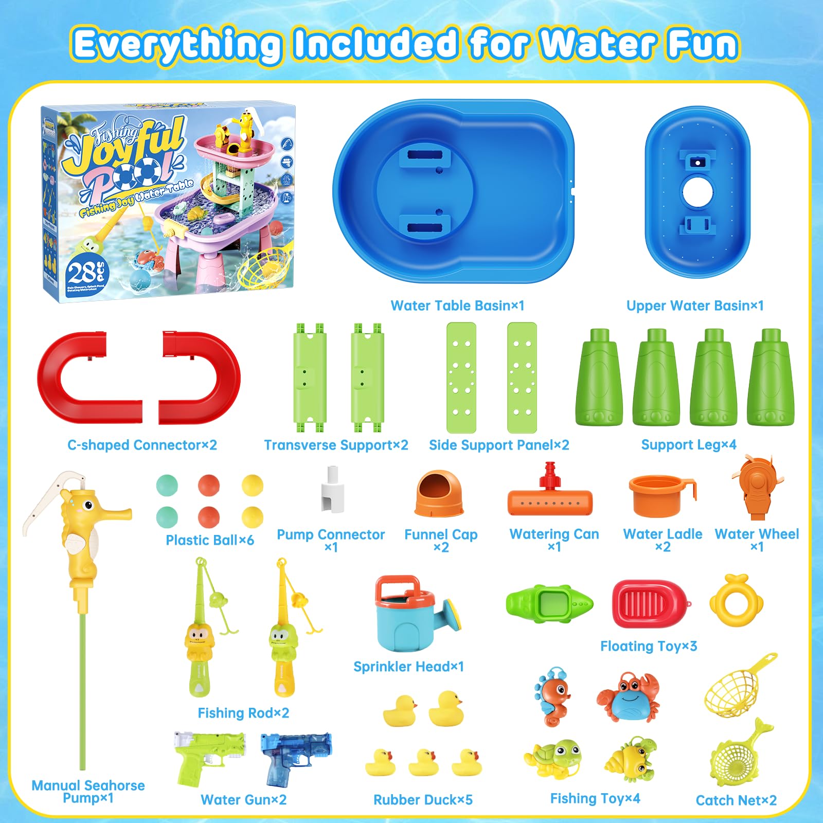 Table à Eau pour Enfants - Table Sensorielle avec 28 Accessoires de Jeu, Table de Jeu d'Extérieur avec Jet d'Eau Effet Pluie, Jouet Éducatif STEM pour Garçons et Filles de 3 à 8 Ans