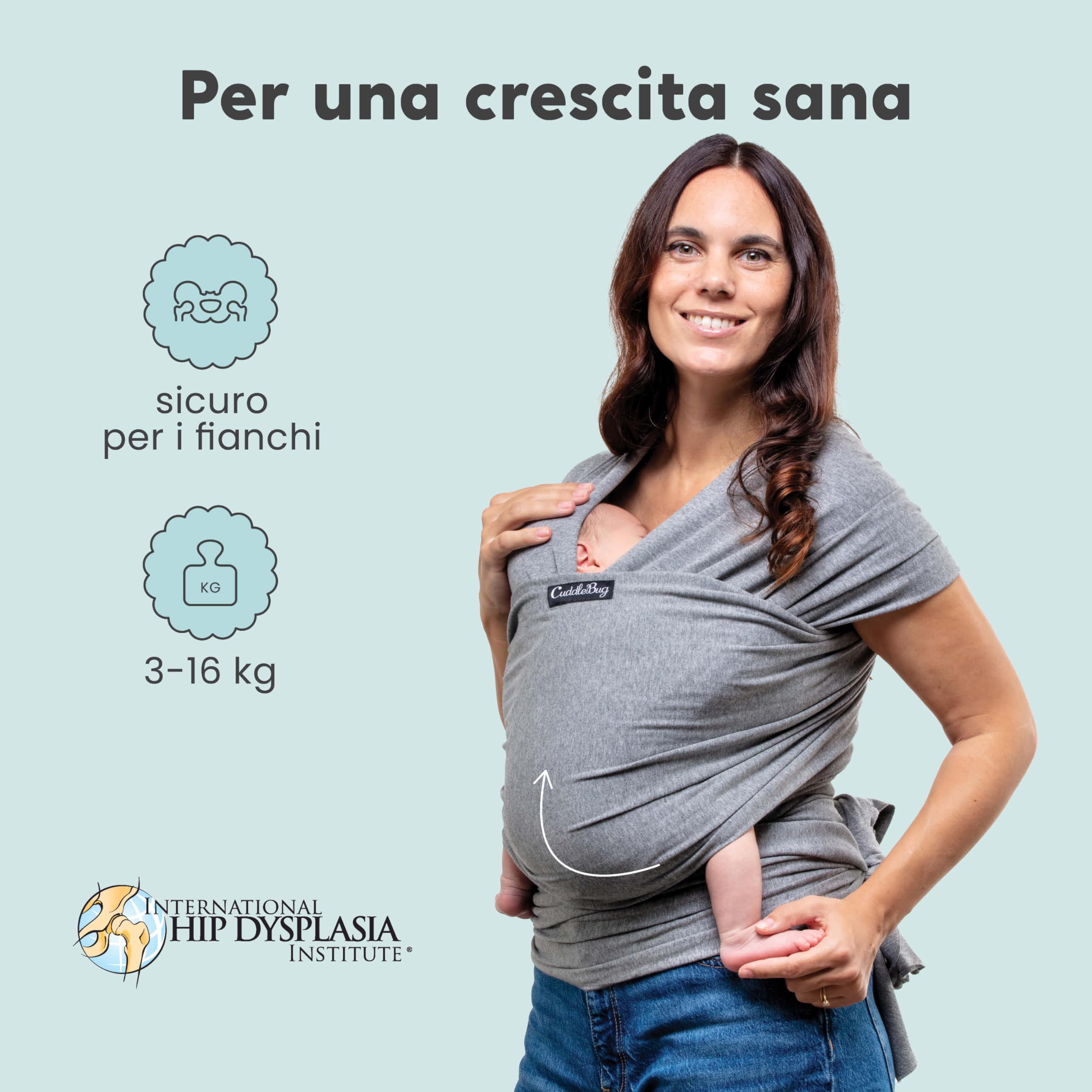 CuddleBug Fascia Porta Bebé Neonato e Bimbi fino a 16 Kg – Fascia Neonato per Trasporto a Mani Libere – Marsupio Bambino a Fascia – Ideale come Regalo Nascita e Baby Shower (Grigio/Grey)
