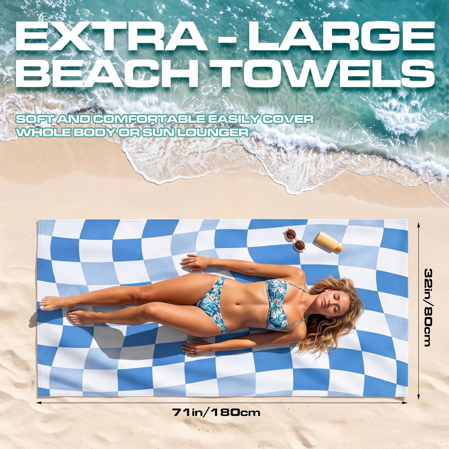 4 Pack Summer Checkered Beach Towel for Women, Oversized 32 x 71 Inches, Lightweight Quick Dry Microfiber Towel for Pool Camping Travel Swimming Picnic and Sports
