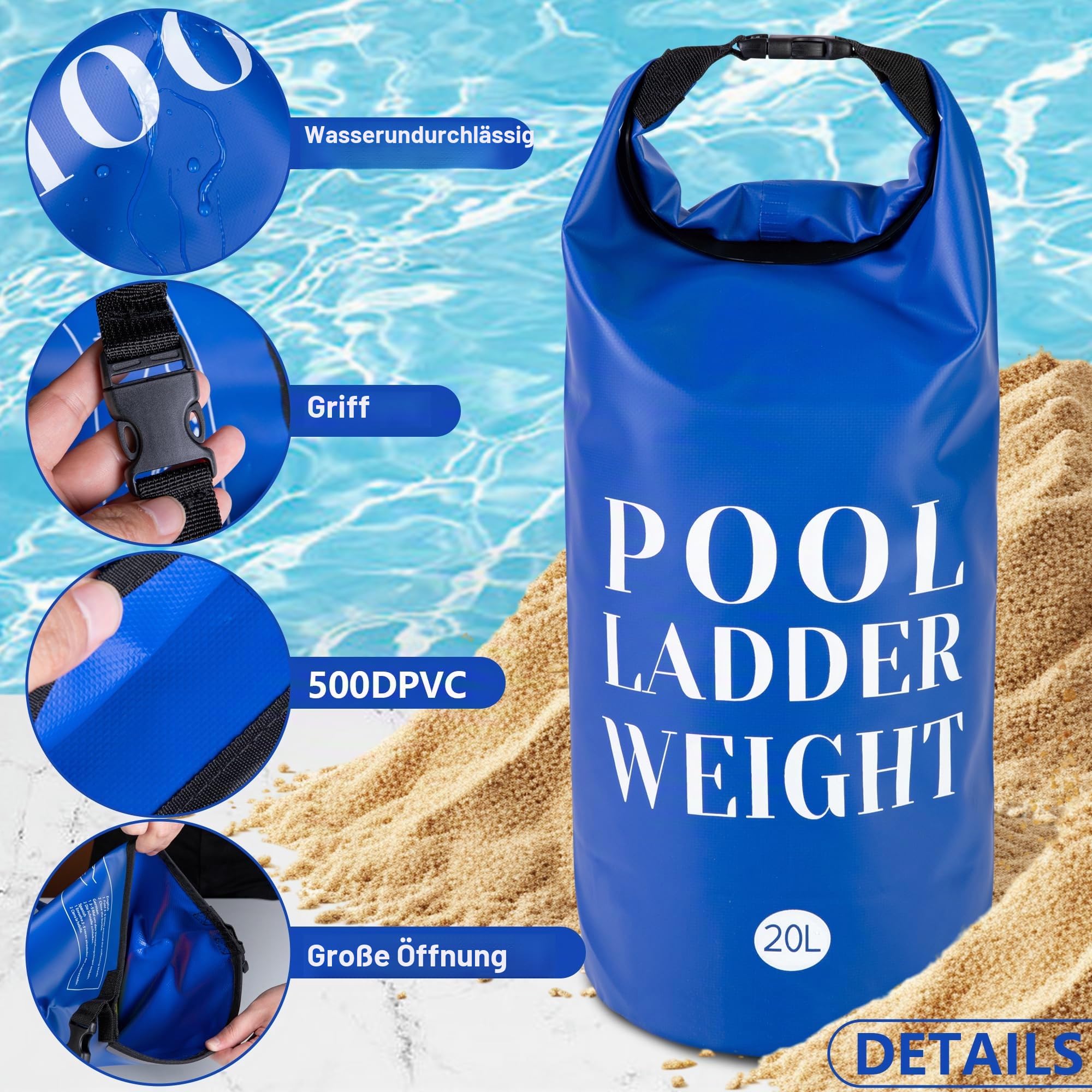 20 l/22,7 kg 500D PVC-Schwimmbadleiter-Gewichte, 2 Stück, wasserdicht, Pool-Stufengewicht, Sandsäcke, befüllbare Pool-Treppen-Gewicht-Anker-Tasche mit robustem Griff für Poolstufen