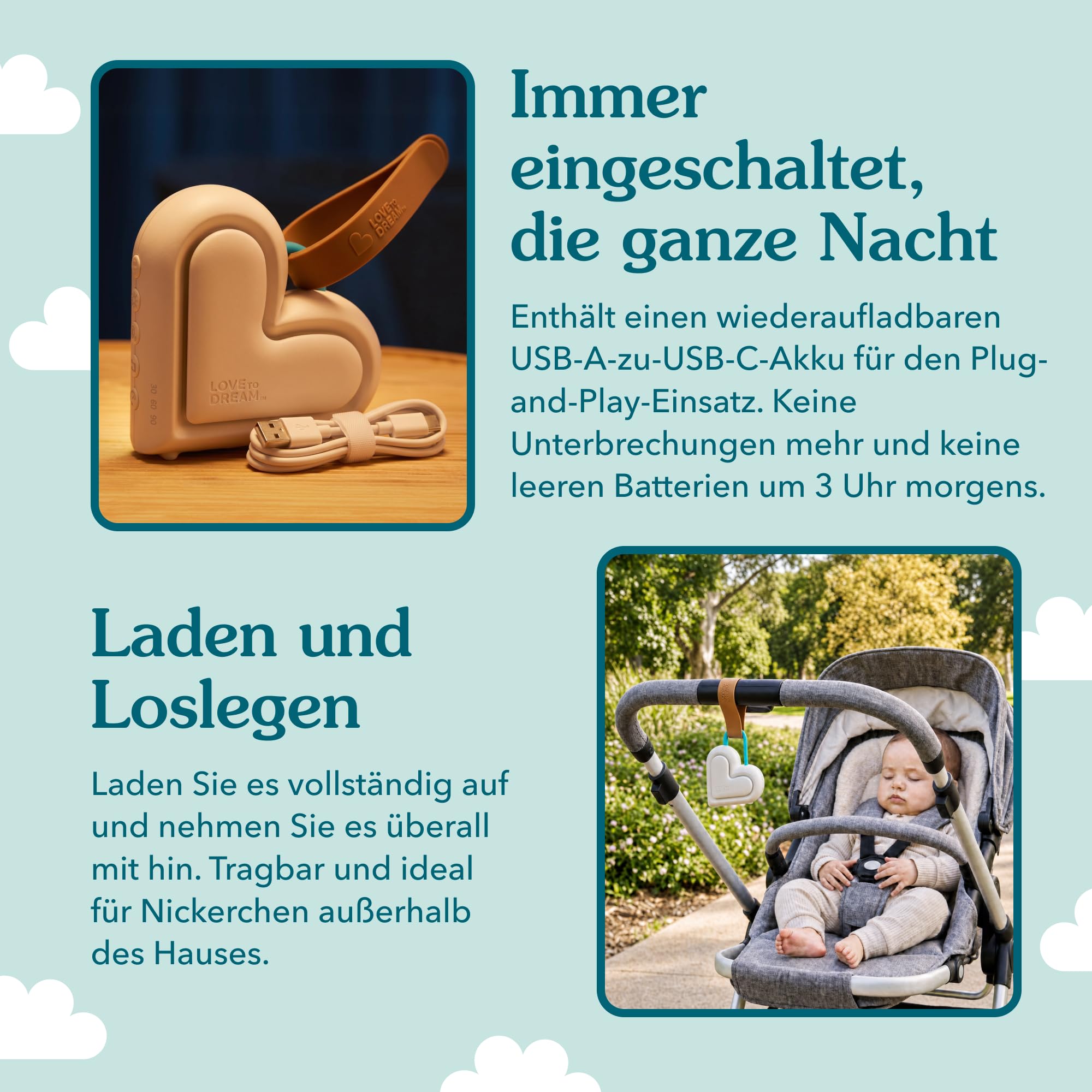 Love To Dream™ Tragbares Babyschlafgerät | Weißes Rauschen & Schlaflieder | 9 beruhigende Babygeräusche mit Nachtlicht | Kompakt, einstellbare Lautstärke & Schreierkennung