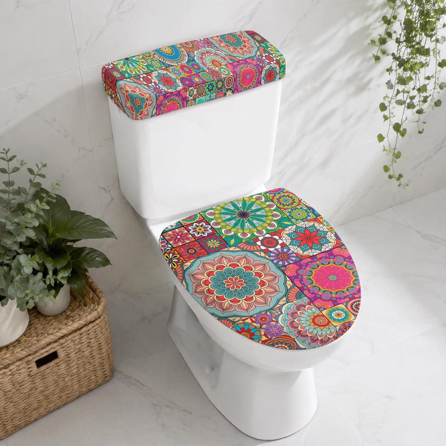 Colorful Ethnic Elastic Toilet Lid and Tank Covers Set, National Modern Geometric Red Green Decorative Bathroom Decor, 2 Pcs Toilet Lid Cover and Toilet Tank Lid Cover with Elastic Bottom image 2
