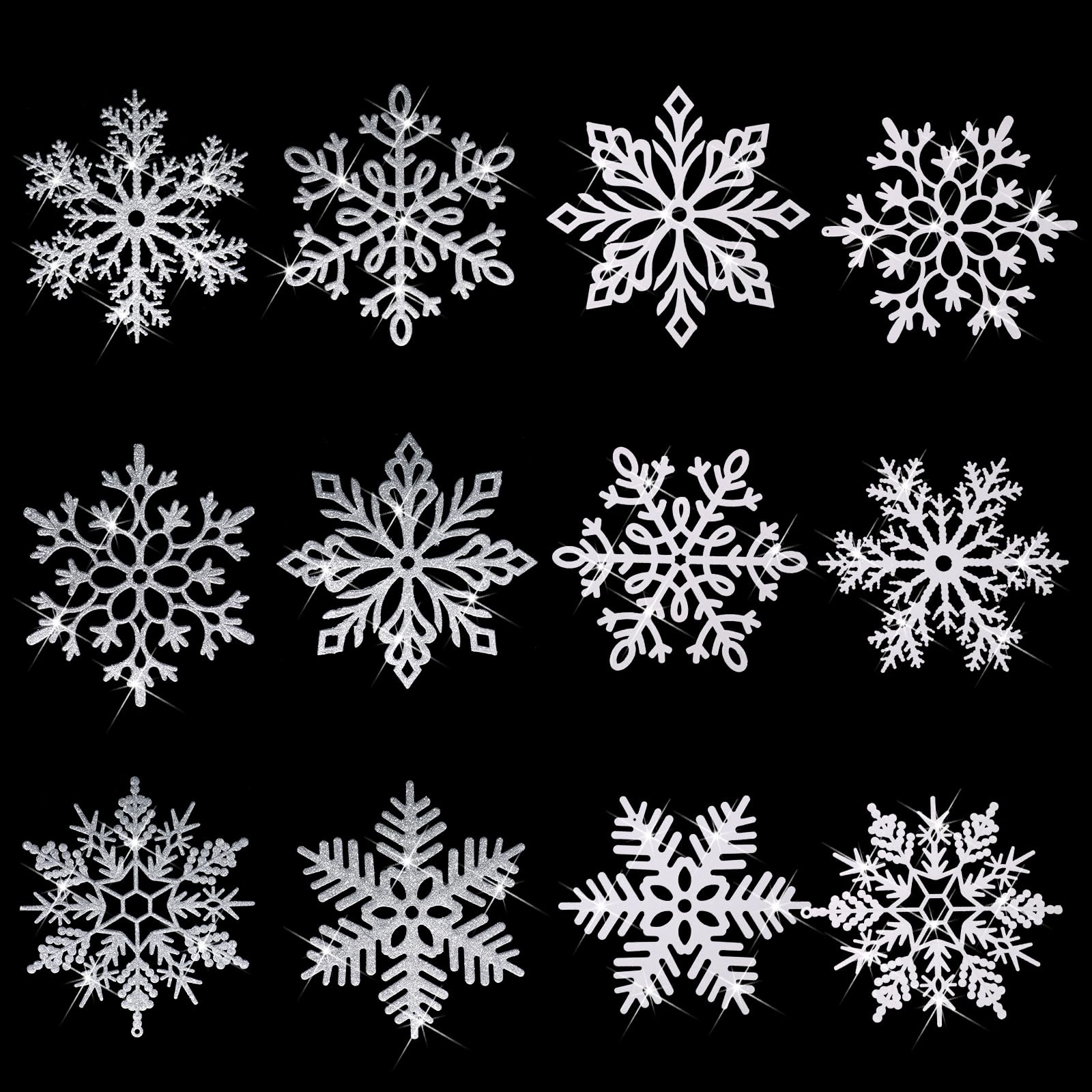 Sratte 12 Stück 40,6 cm große Schneeflocken-Ornamente, riesige glitzernde dekorative hängende Schneeflocken, 6 Designs, Weihnachtsdekoration, hängende Ornamente, Winter-Fensterdekoration mit