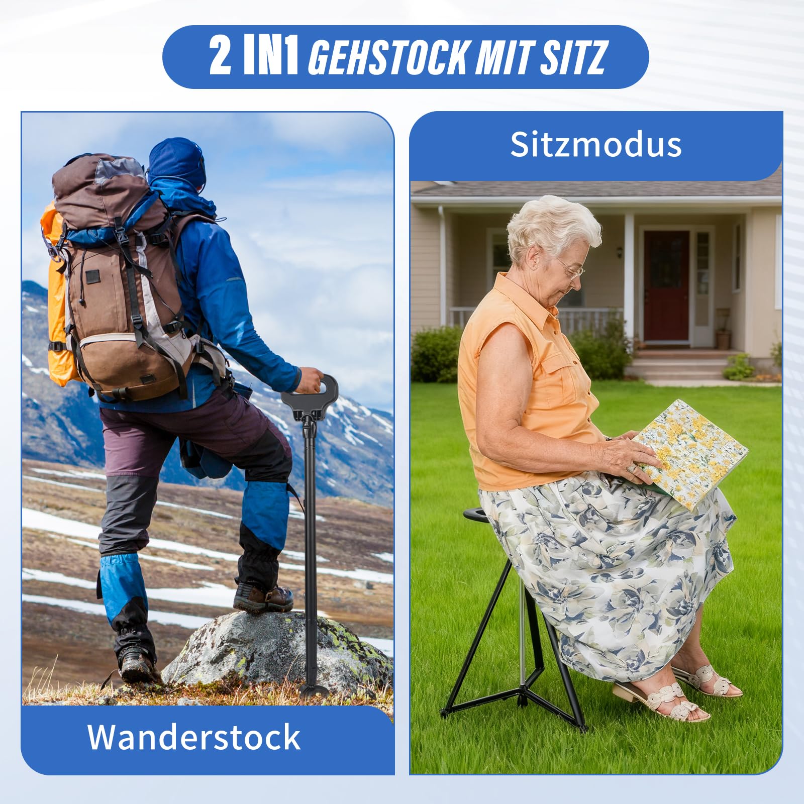 Bastón ajustable en altura con asiento, con bolsa de transporte, 150 kg, bastón retráctil ligero para acampar, senderismo, bastón ajustable de aluminio con asiento
