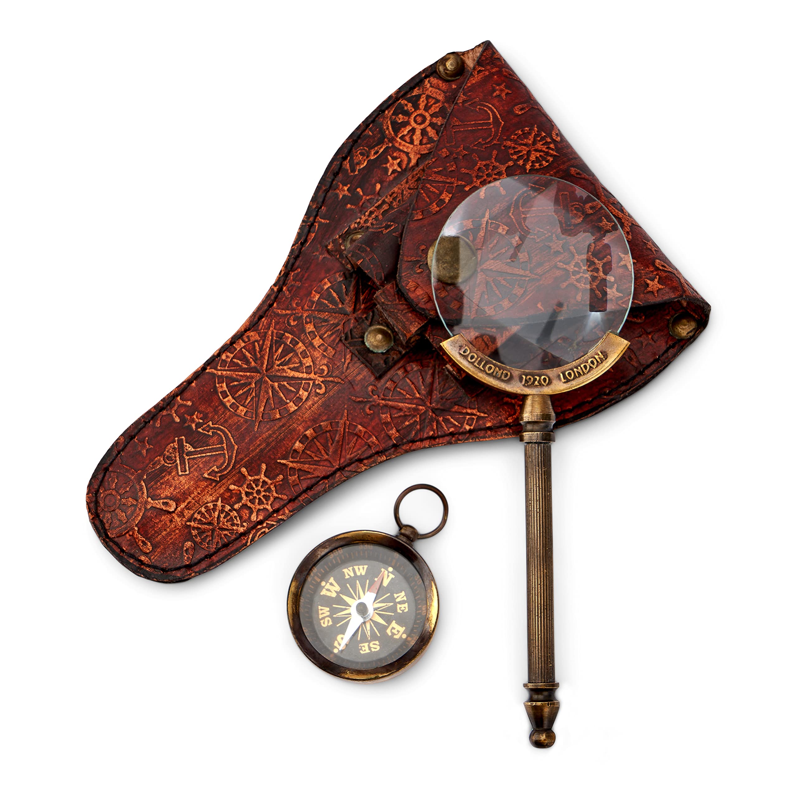 NKlaus magnifying glass and compass brass antique leather case 14x3.5cm turn signal reading magnifier 11724