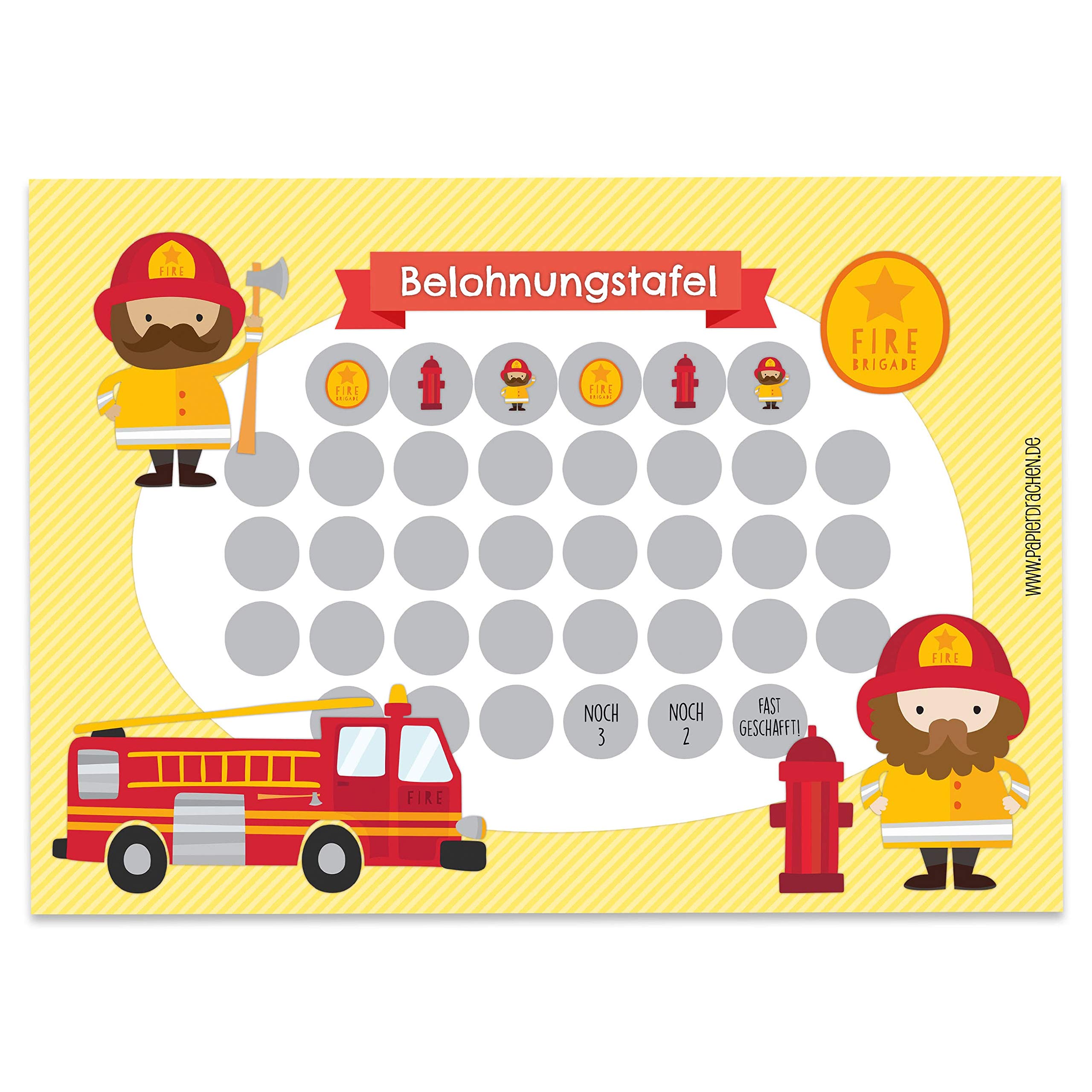 Papierdrachen Reward Chart Set for Children as Tear-Off Pad 10 Sheets  Motivational Concept as Educational Aid  with Great Stickers for Boys and Girls  Motif Fireman Set 6