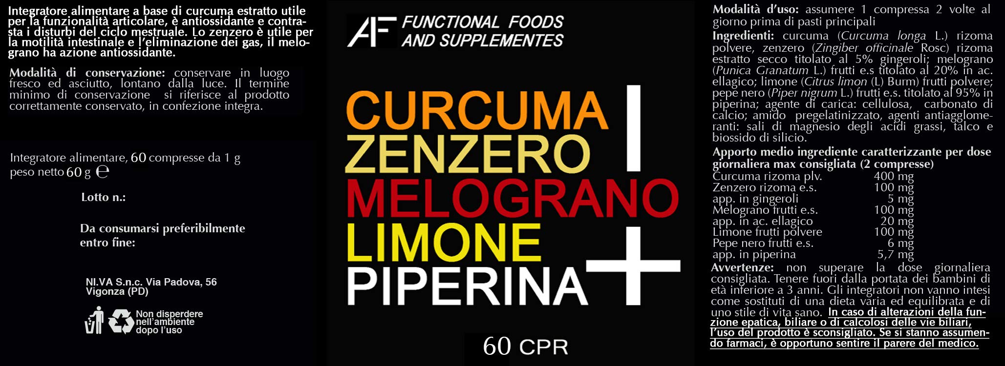 CZMLP+ A.I.F. | 60 CPR | CURCUMA-ZENZERO-MELOGRANO-LIMONE-PIPERINA il BRUCIAGRASSI con i 5 + POTENTI PRINCIPI ATTIVI