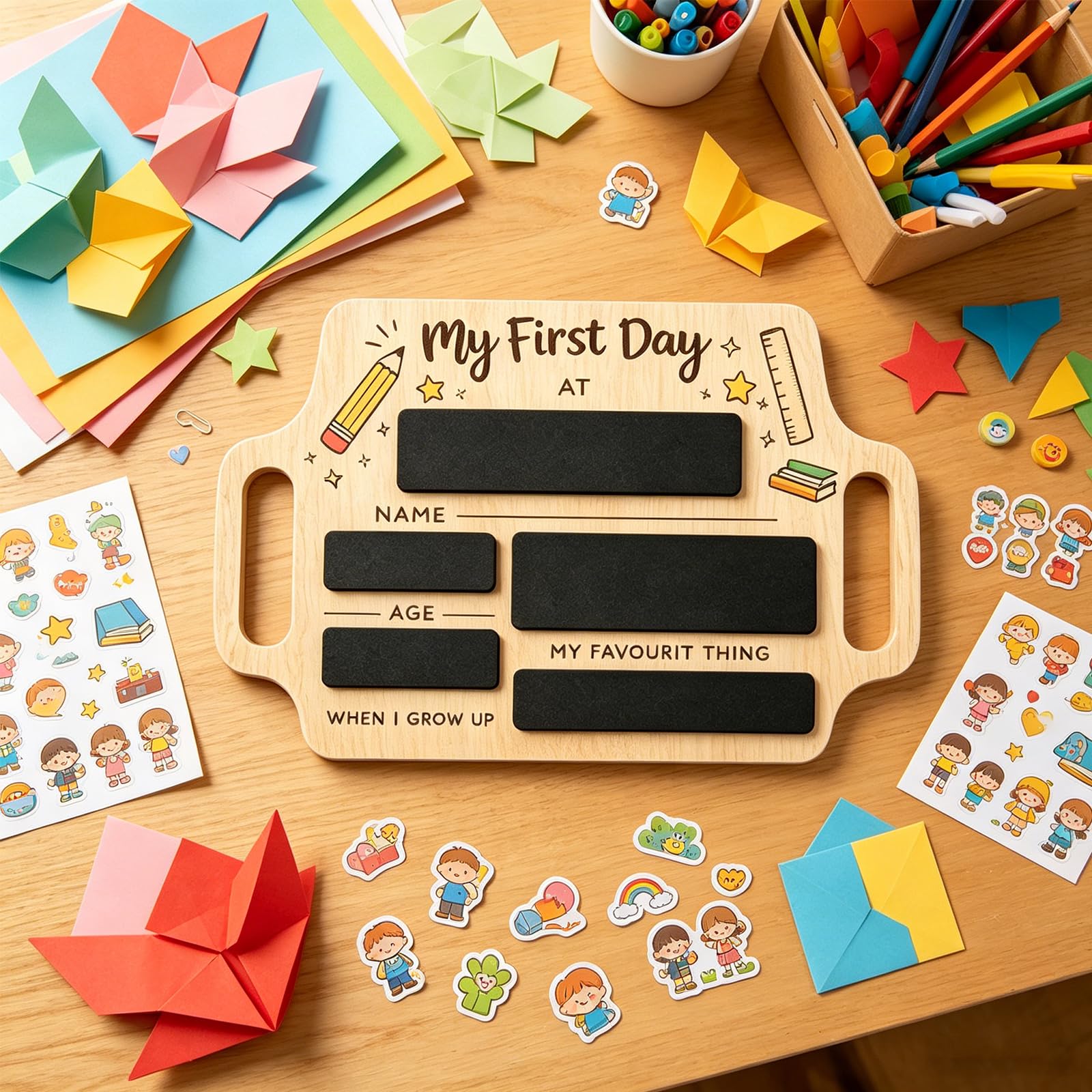 First Day of School Board - Reusable Wooden Chalkboard with Handle, Back to School Decorations, First Day at School Gifts, for Party Decor, Memo Message Board, Notice Boards, Kitchen Chalkboard