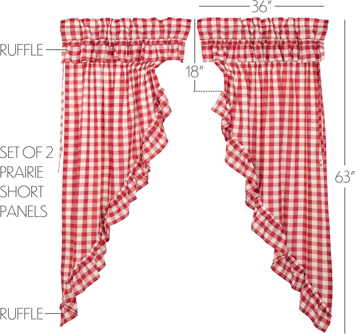 VHC Brands Annie Buffalo Check Cotton Farmhouse Curtains Rod Pocket Drawstring Ties Ruffling Prairie Panel Pair, Red Country