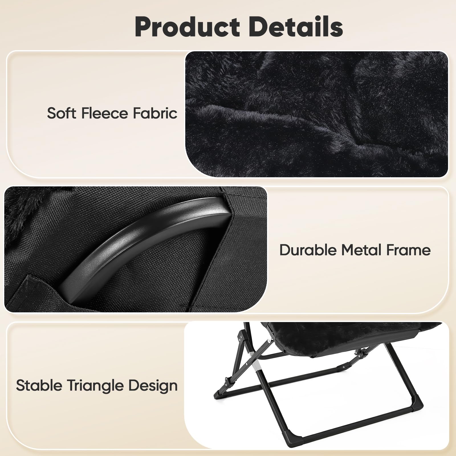 Sillón Plegable de Piel Sintética con Reposapiés, Bastidor Metálico Triangular Resistente hasta 150kg, Sillón Grande Relax Adultos Lectura Gaming (Negro)