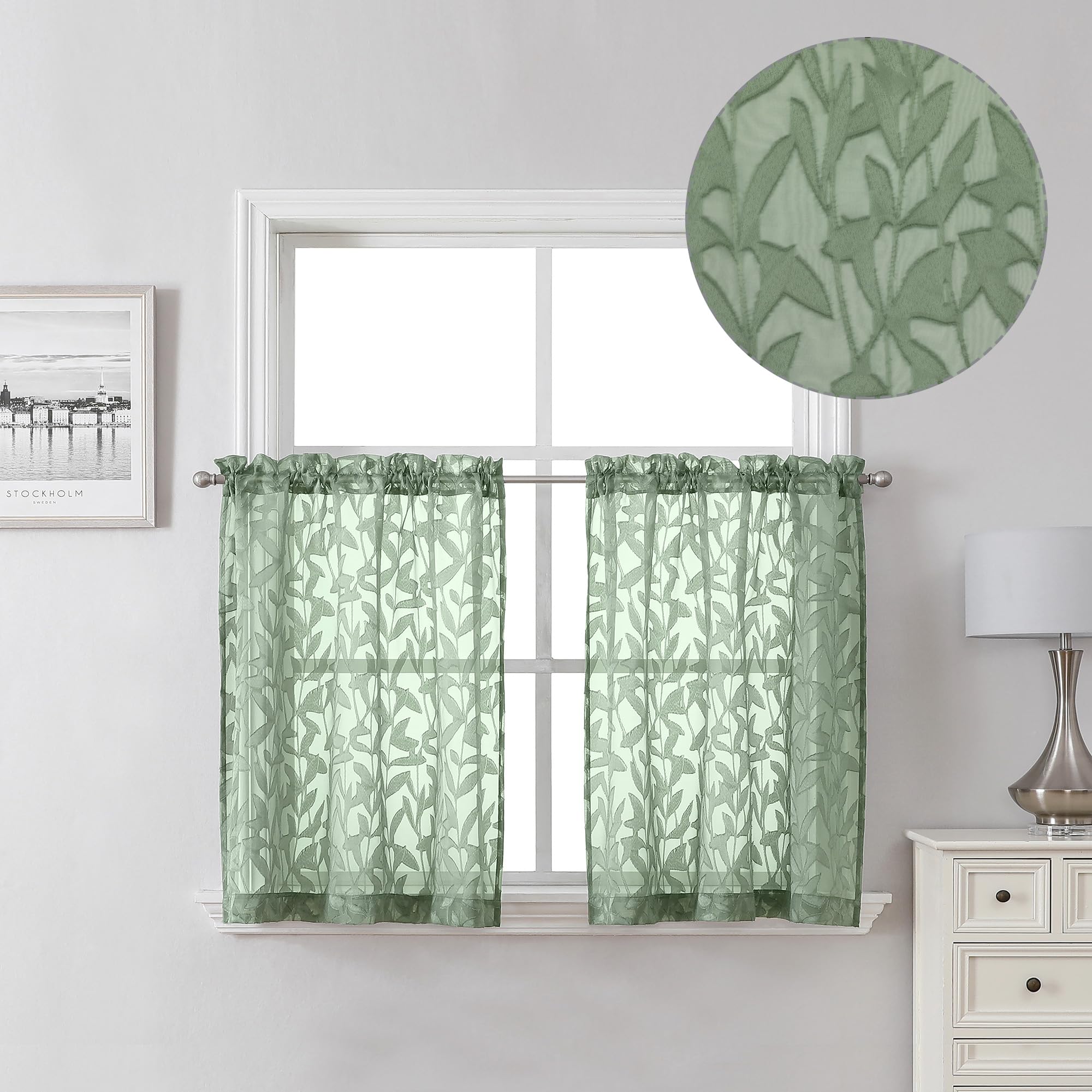Lecloud Leia Sage Green Valance Sheer Cafe Curtains 24 Inch Length 2 Packs, Bathroom/Basement/Kitchen Curtain Tiers Small Window, Rod Pockets Jacquard Leaves Drapes Living Room Bedroom, 38x24 Inches