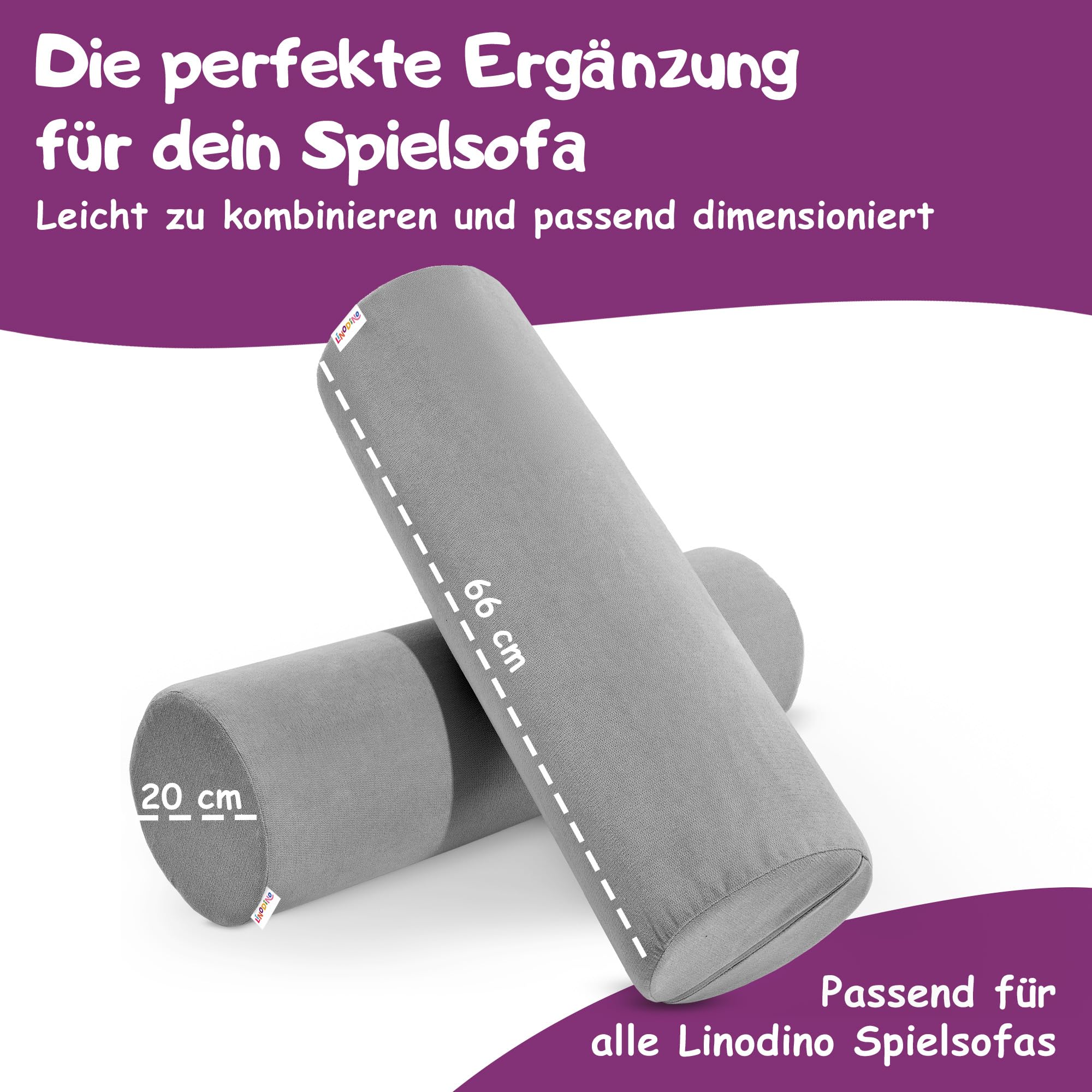Linodino® Kuschelrollen – Spielsofa Add-ons im 2er-Set | Erweiterungs-Bauteile als Armlehnen, Rollelemente oder kreatives Bauteil für das Kinderzimmer I Delfingrau