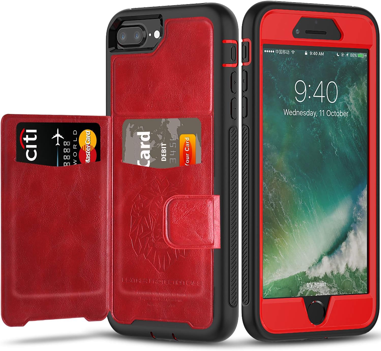 iPhone 6 7 8 Plus Case with Wallet,Full-Body Military Grade Protection Case with a Dual Layer Wallet designlot & Kickstand for iPhone 6 7 8 Plus 5.5 Inch. for Girl Women-Red+Black