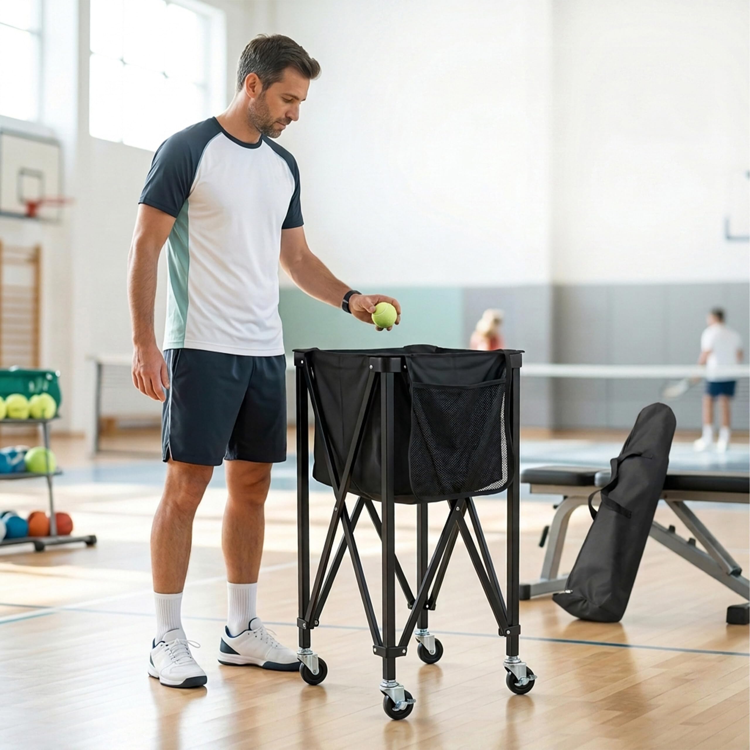 Relaxdays Tennis Ballwagen, für 150 Tennisbälle, mit Rollen & Tasche, faltbar, HBT: 90 x 41 x 41 cm, Tenniskorb, schwarz