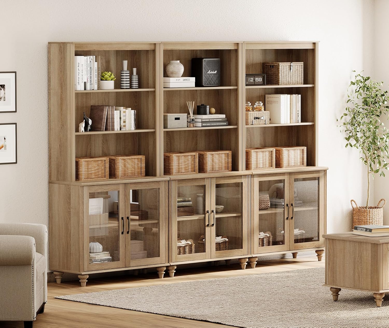 WAMPAT 72" Oak Farmhouse Bookcase with Glass Doors, 5-Tier Large Bookshelf, 101.6" Wide Storage Shelf for Living Room Bedroom Office