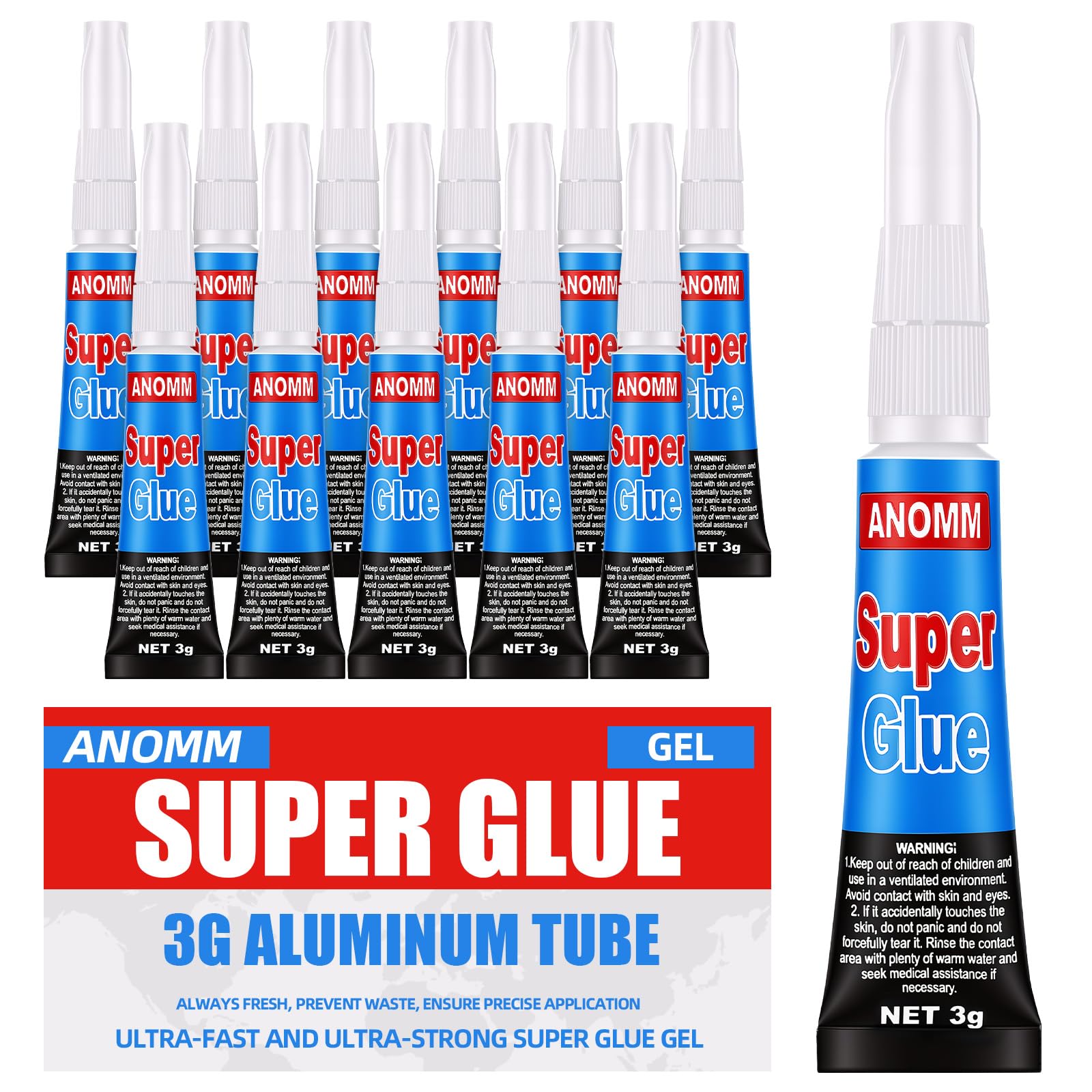 ANOMM 12 Pack Super Glue, Universal Gel Superglue, 3 Gram Tubes, Prevent Nozzle Clogging, Transparent and Seamless, Adhesive Super Glue For Plastic Rubber Leather Metal Ceramics Glass