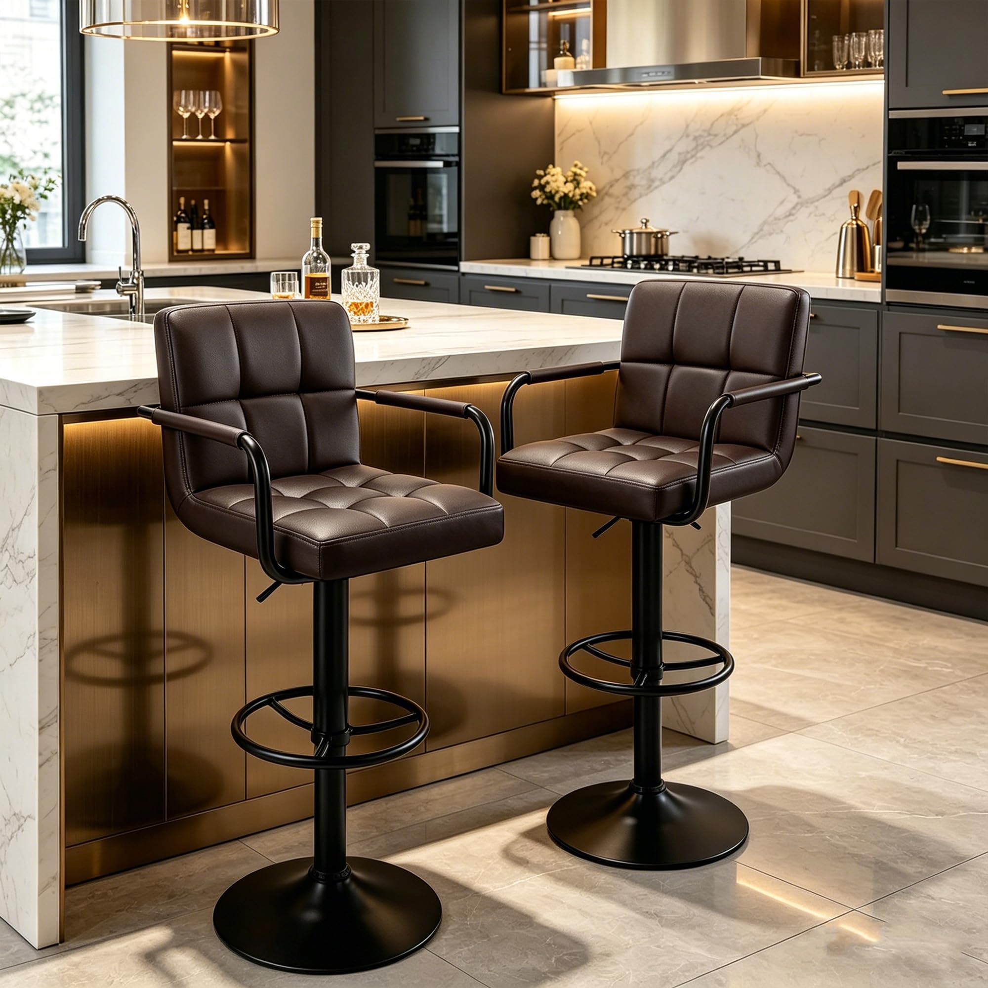 Verdego Barhocker 2er Set, Barstuhl Höhenverstellbar um 20cm, mit Armlehnen, Rückenlehne und Silber Fußstütze, Küchenhocker aus PU-Leder & Stahlgestell, 360°Drehstuhl, Bar Hocker (Braun)