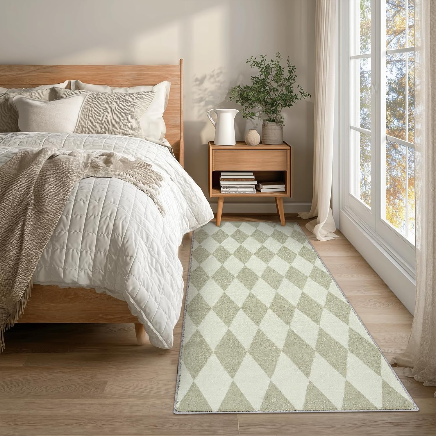 2x8 Checkered Rug Runners for Hallways,Low Pile Non-Slip Diamond Washable Kitchen Runner Rugs, Classic Neutral Gingham Decor Faux Wool Carpet for Bathroom Bedroom Entryway (Beige)