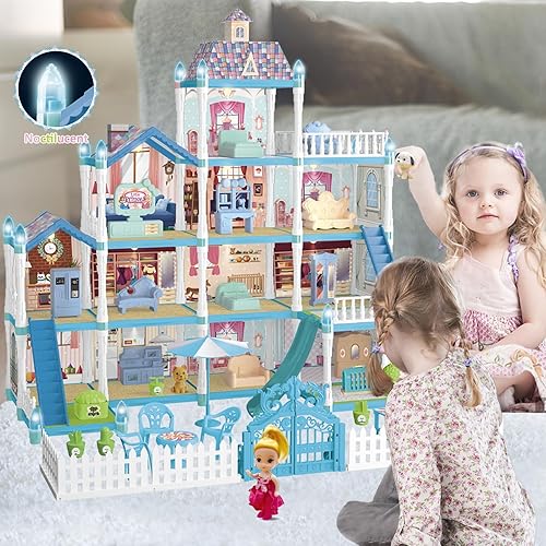 Miniatura 3 de Casa de muñecas de casa de muñecas, juego de construcción de casa de sueños grande de 4 pisos con 12 habitaciones, patio, accesorios y muebles,