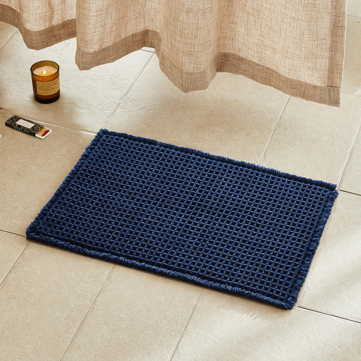 TYUU Waffle Bath Mat, Boho Bathroom Rugs Non Slip Washable Super Absorbent Quick Dry Bath Mat Farmhouse Bathroom Decor, 24"x16" Navy Blue