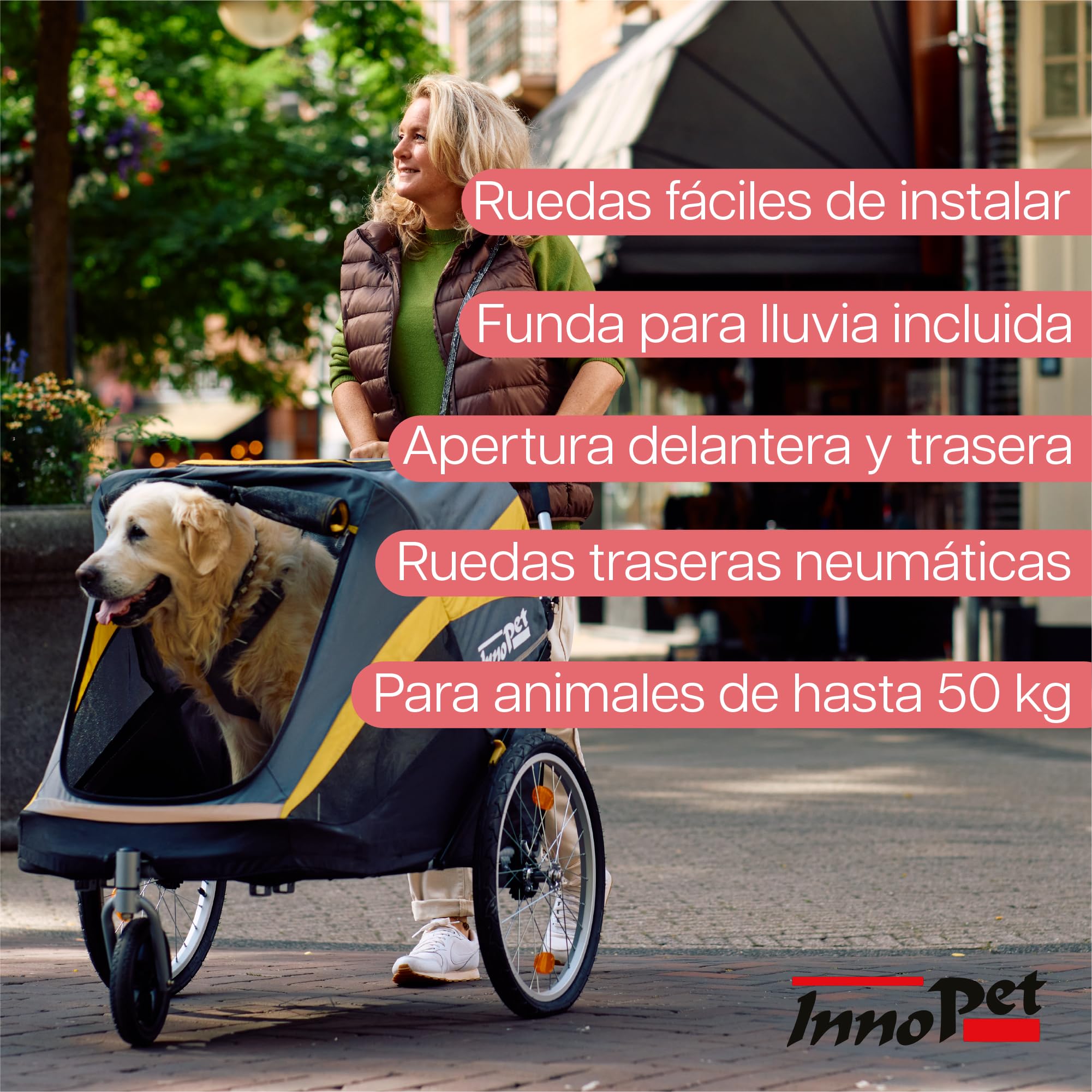 Innopet Hercules 2.0 Carrito para Perros Grandes (hasta 50 kg) - Amarillo/Gris. Incluye protector de lluvia, ruedas de 45 cm y montaje fácil sin herramientas