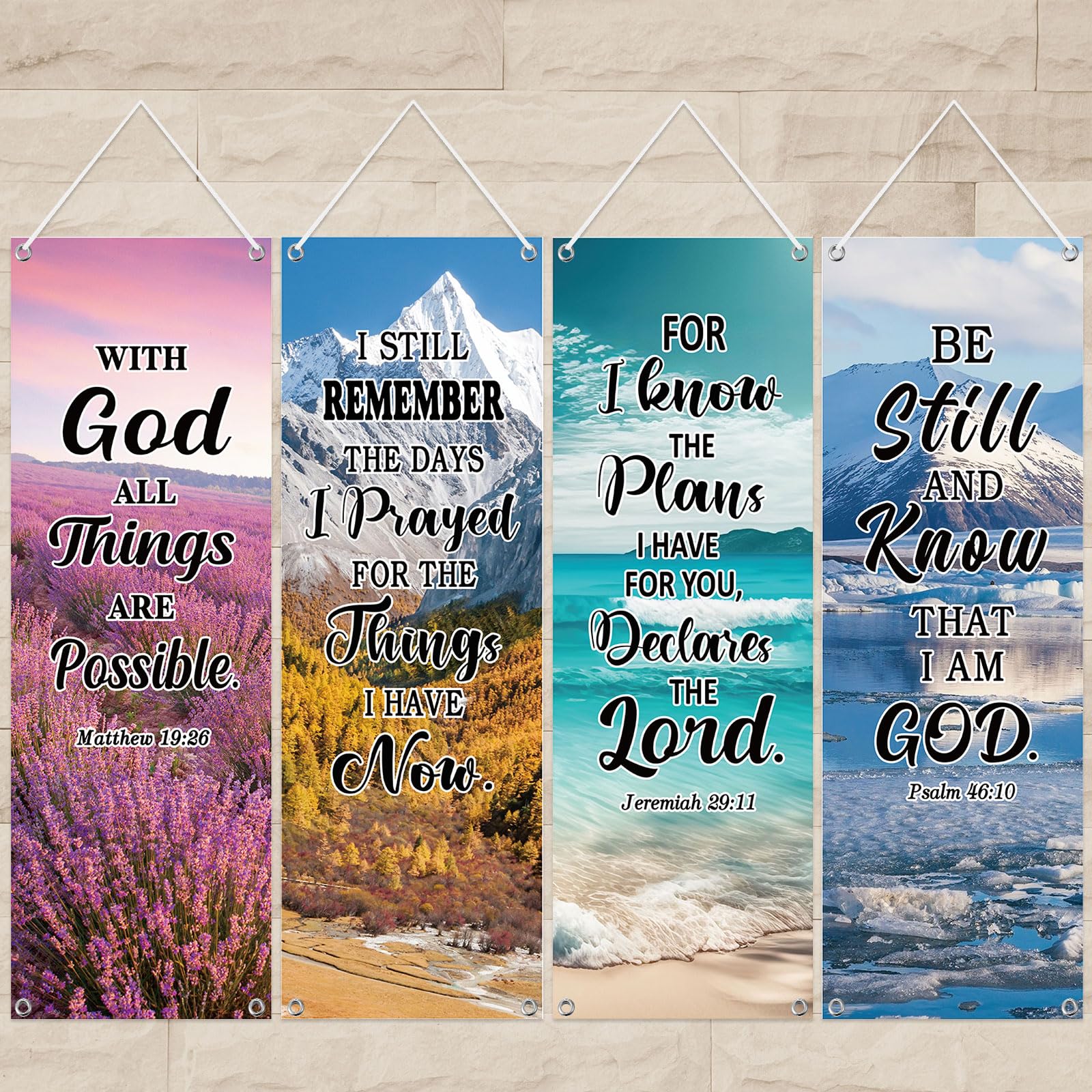 Moukeren 4 Pcs Easter Church Banners with Scripture Religious Worship Banner Christian Porch Sign Jesus Hanging Backdrops for Easter Spring Indoor