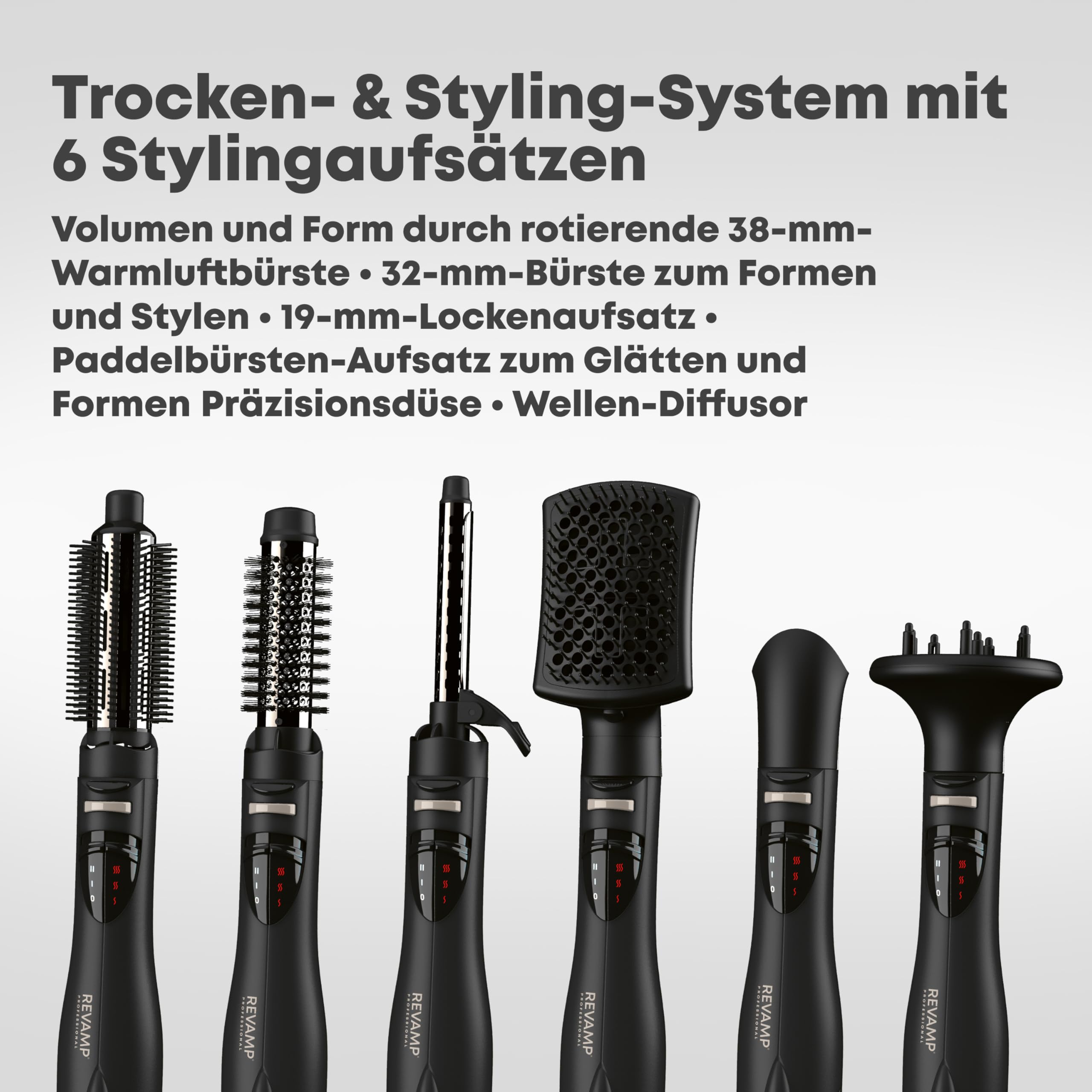 REVAMP Progloss Airstyle Heißluftstyler 6-in-1 - Multi-Styler, Schwarz | Air-Bürste, Föhnbürste, Volumen, Locken, Wellen, Glätten, Schnelles Föhnen, 6 Aufsätze