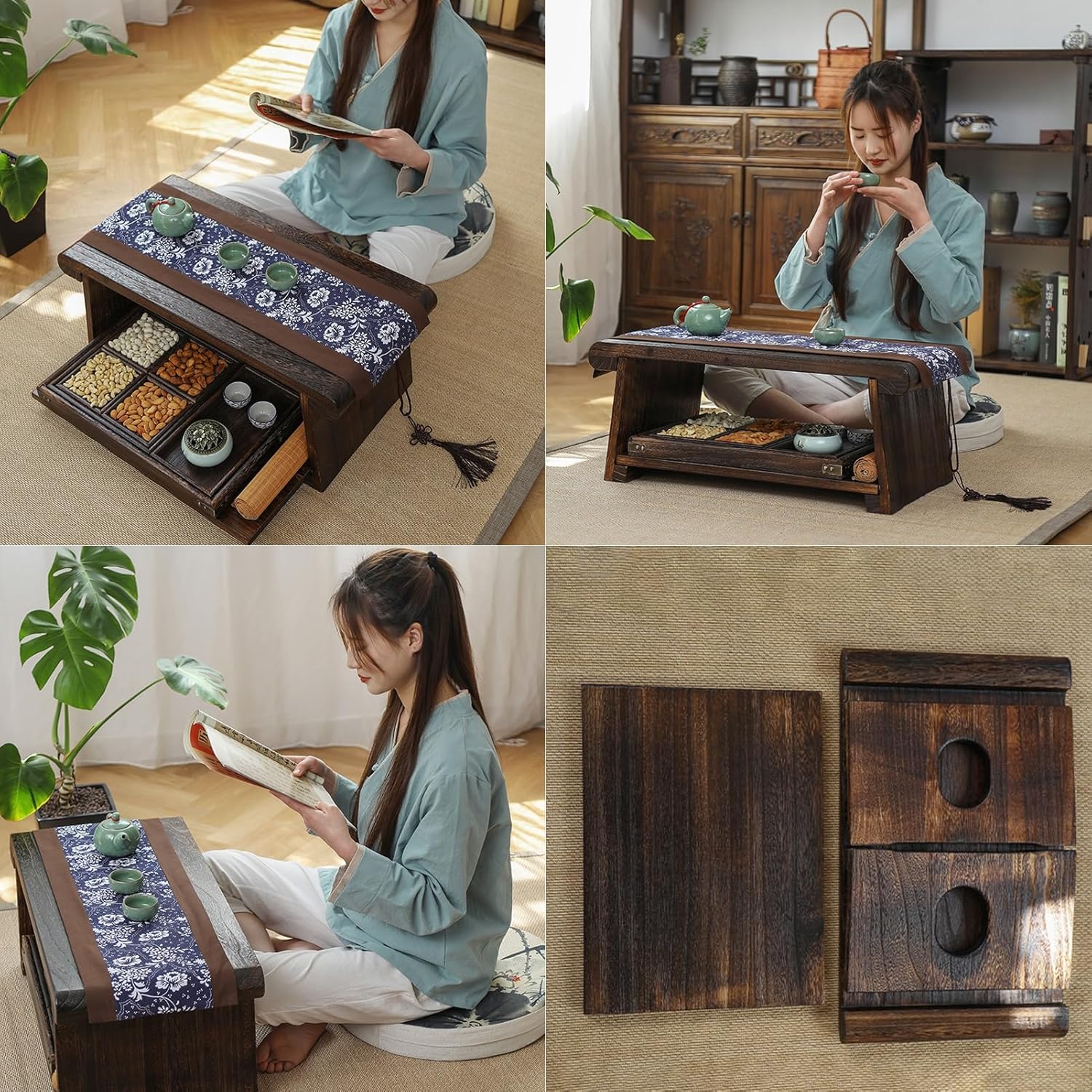 Paulownia Floor Tables Low Table for Sitting on The Floor - Small Coffee Table Accent Furniture - Meditation and Tea Altar - Folding Tatami (Color : Dark Brown, Size : 80 * 40 * 33cm)
