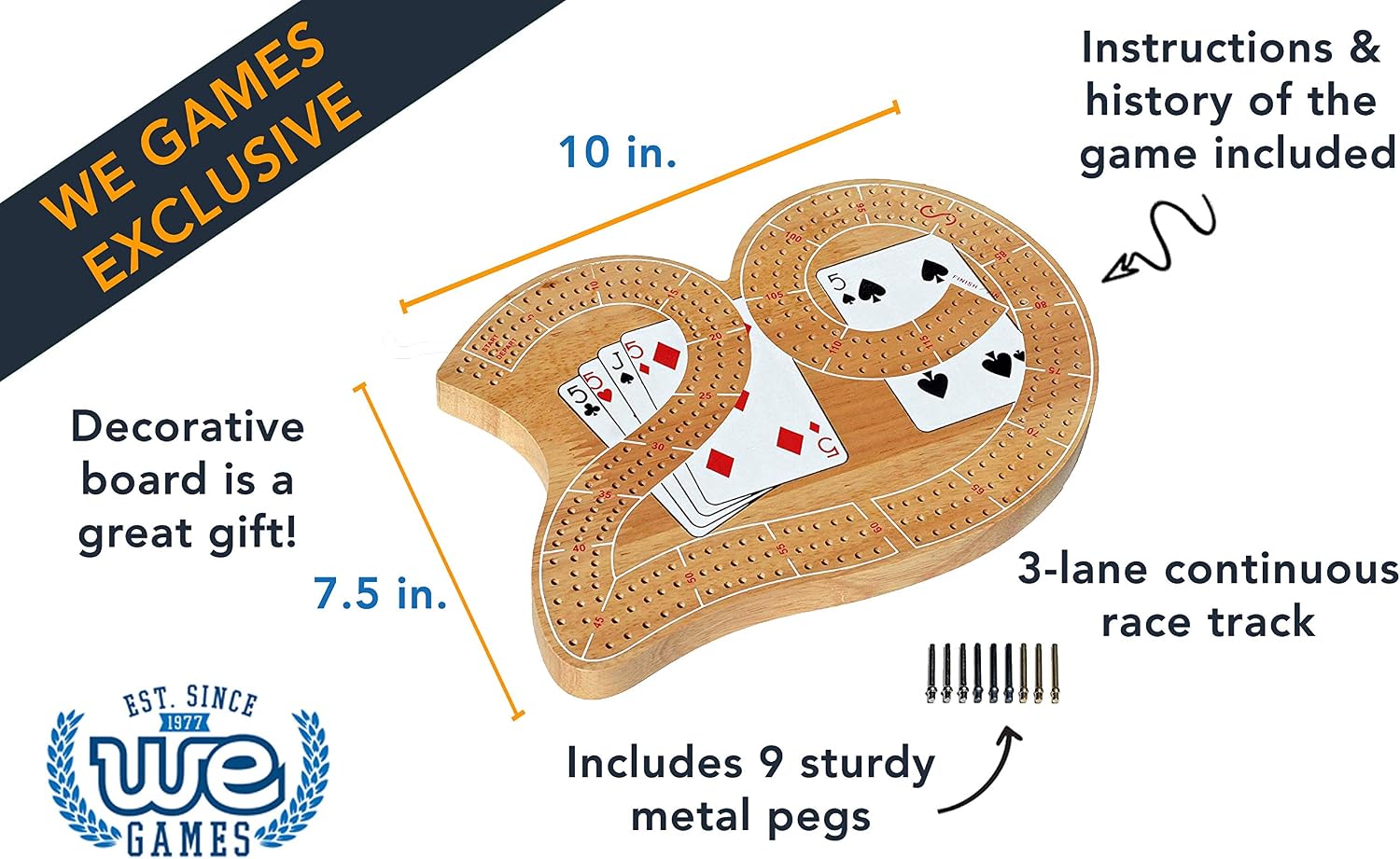 WE Games Classic Wooden 29 Cribbage Board Game with 3 Lanes