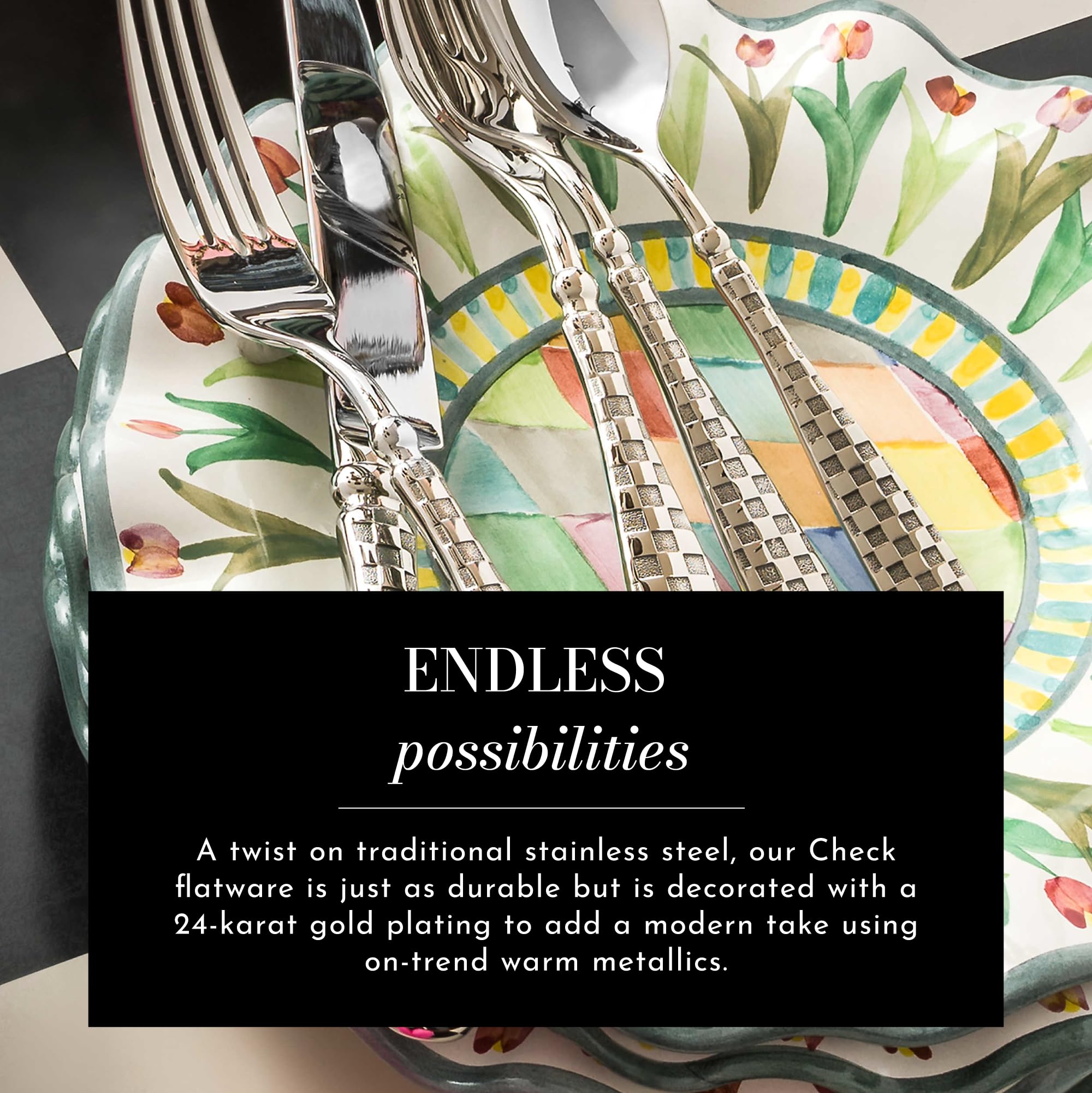 MACKENZIE-CHILDS 5-Piece Flatware Set, Cute Silverware Set with Salad Fork, Dinner Fork, Knife, Spoon, and Teaspoon, Check