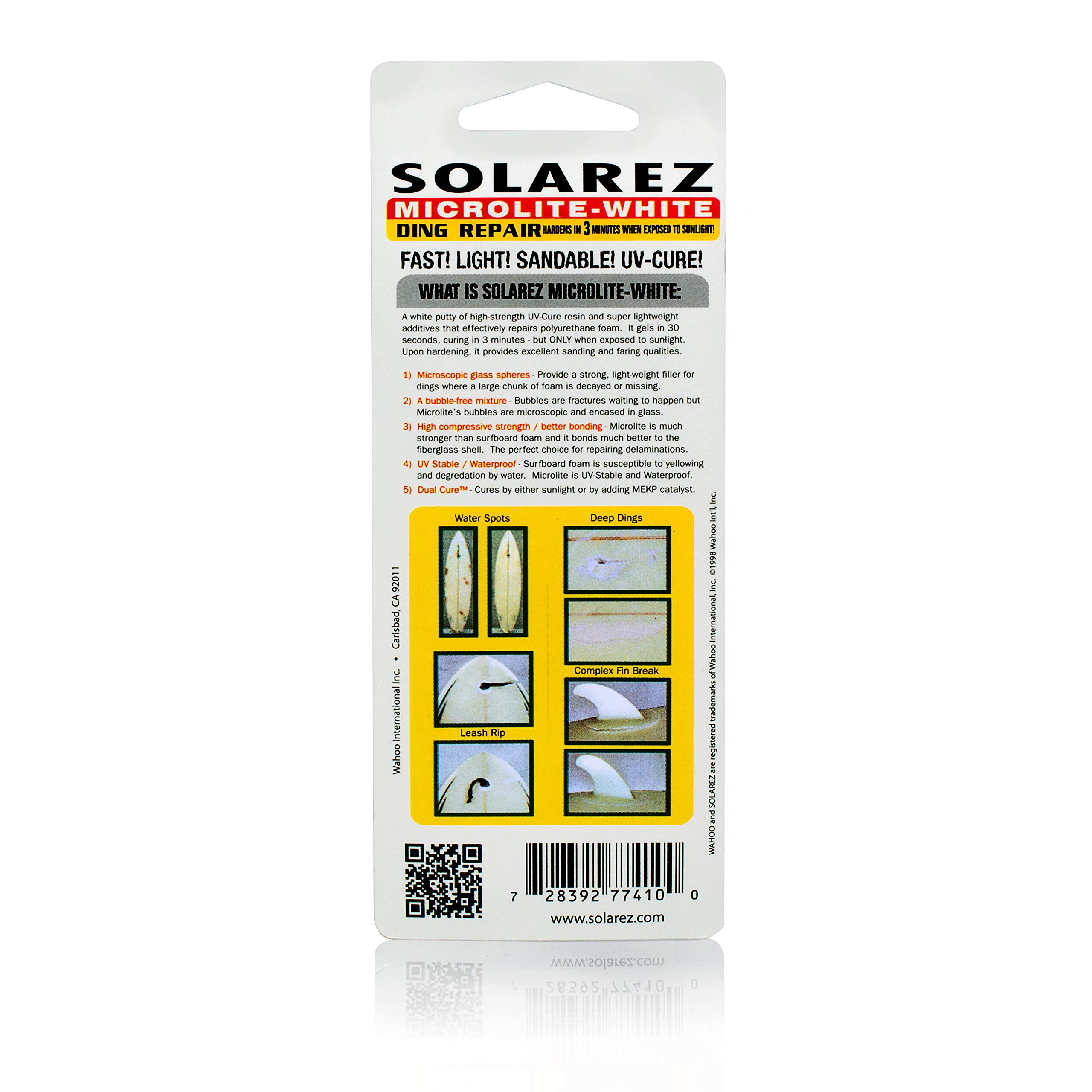 Solarez UV Cure Microlite White Polyester Ding Repair (0,5 oz) – Surfbrett-Reparatur mit 60/240 Körnung Sandpad & Spreader ~ Schnellste Fixierung für Tiefe Dings auf [Polyurethan] Surfboard-Schaum