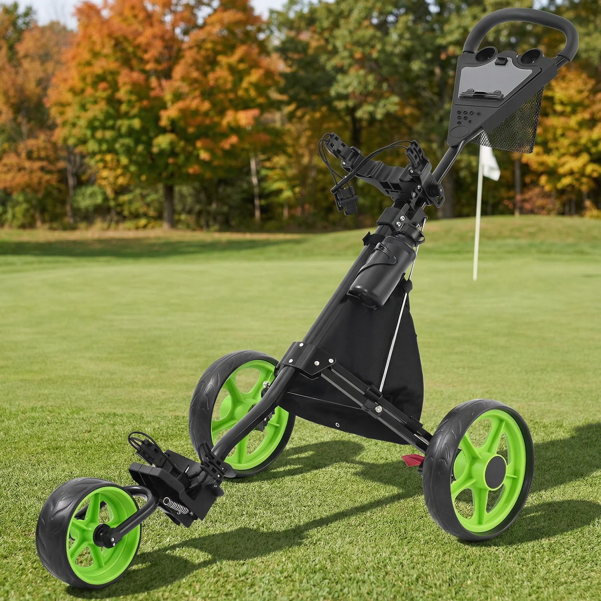 3 Wheel Golf Trolley, Folding Golf Cart with Foot Brake & Insulated Cooler Bag & Mesh Pocket (Hold 4 Balls) & Water Bottle Holder (Including Water Bottle) & Storage Bag & Scoreboard (Golf Trolley)