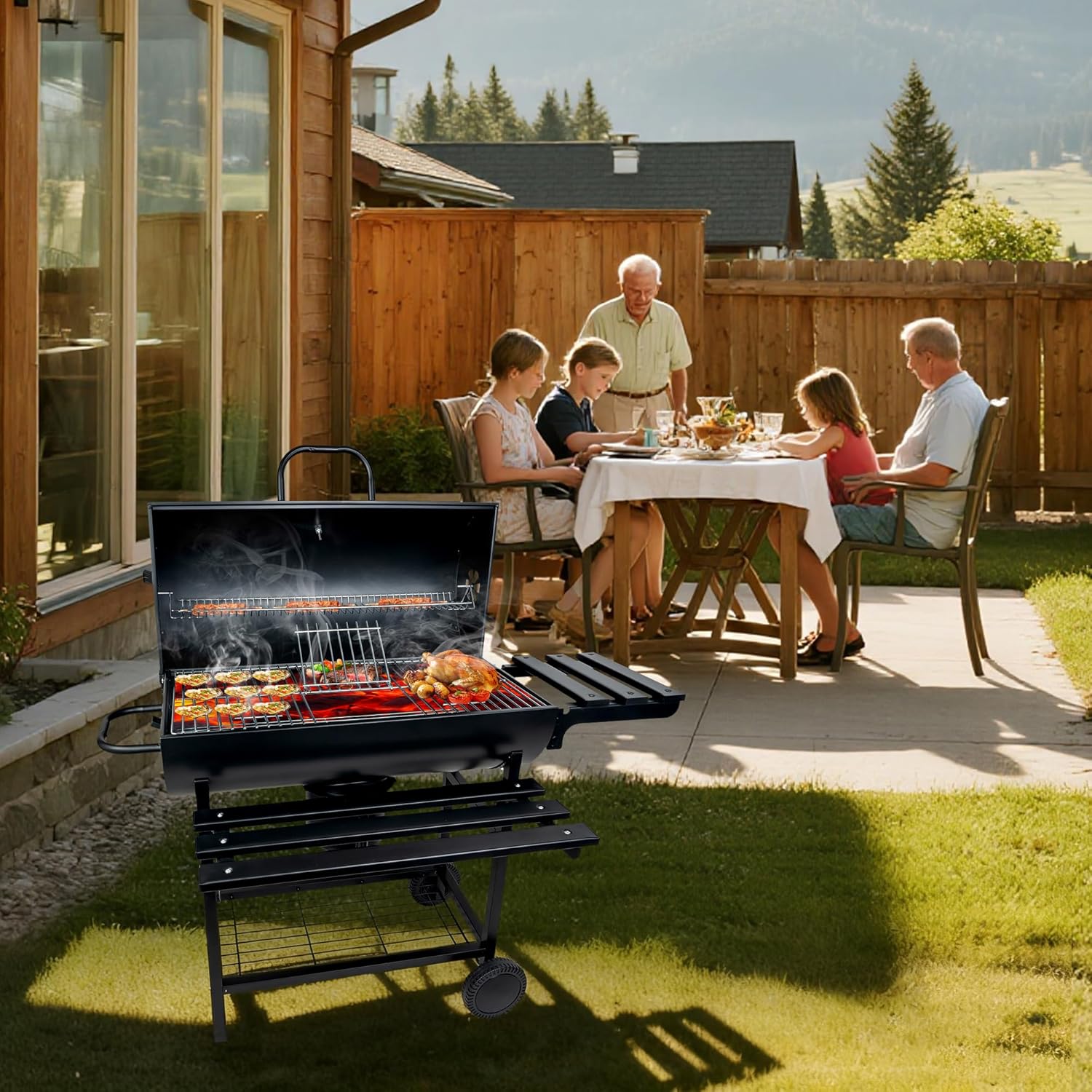 Charcoal Grill with Lid, 27" Outdoor BBQ Grill with Thermometer, Side Shelves, Wheels & Ash Catcher, Large Barrel Charcoal Smoker for Backyard, Camping & Outdoor Cooking