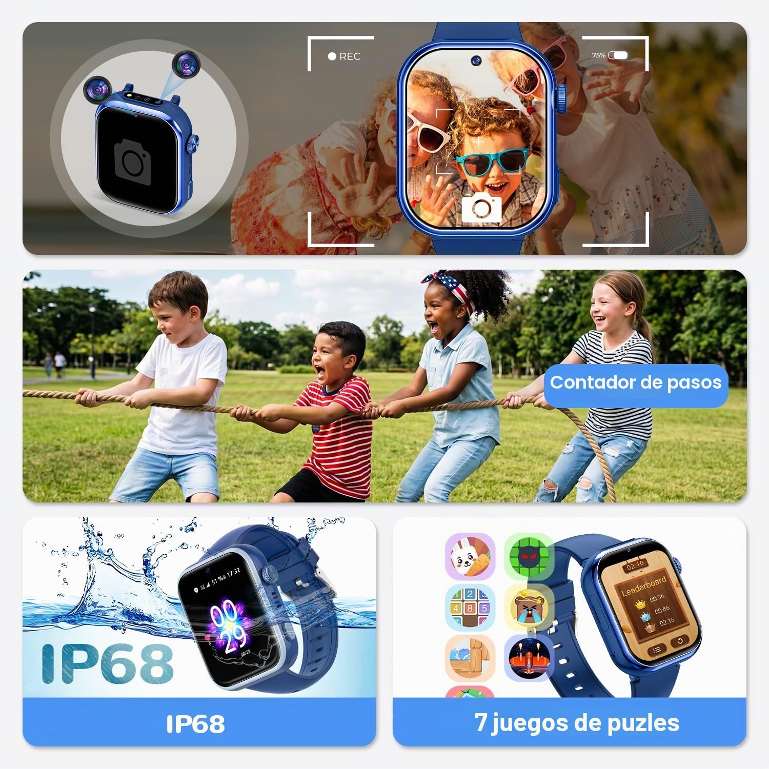 4G Reloj Inteligente Niños con gps y Videollamada, Smartwatch Niños con llamadas, Chat de Voz, SOS, Modo Escuela, Despertador, IP68, Linterna, Podómetro, Flashcard, Regalo para Niños Niñas, Azul